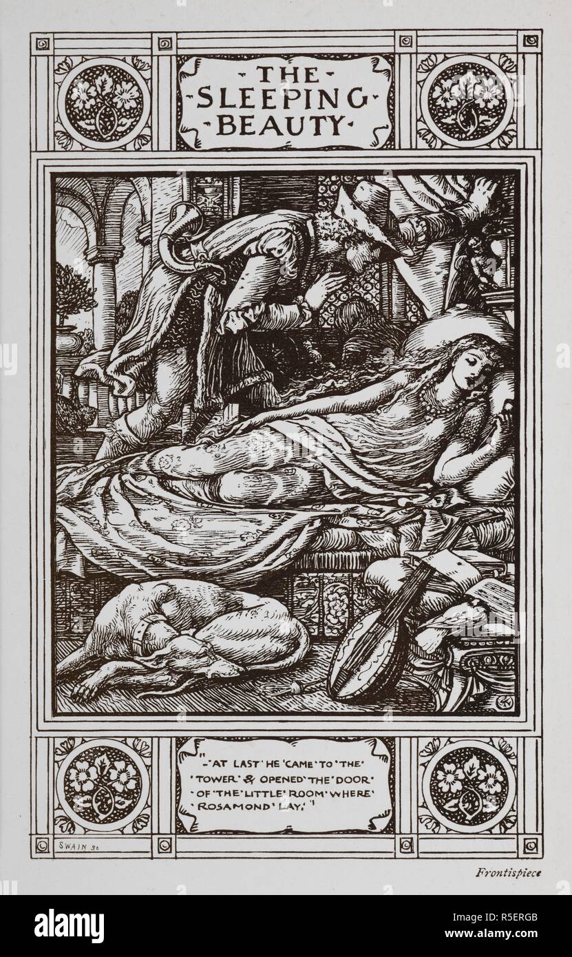 La Bella Durmiente Yace Dormida Rodeada Por Un Perro Dormido Y Un Instrumento Musical Mientras El Principe Encantador Vela Sobre Ella Historias Hogar De La Coleccion De Los Hnos Grimm Traducido Del