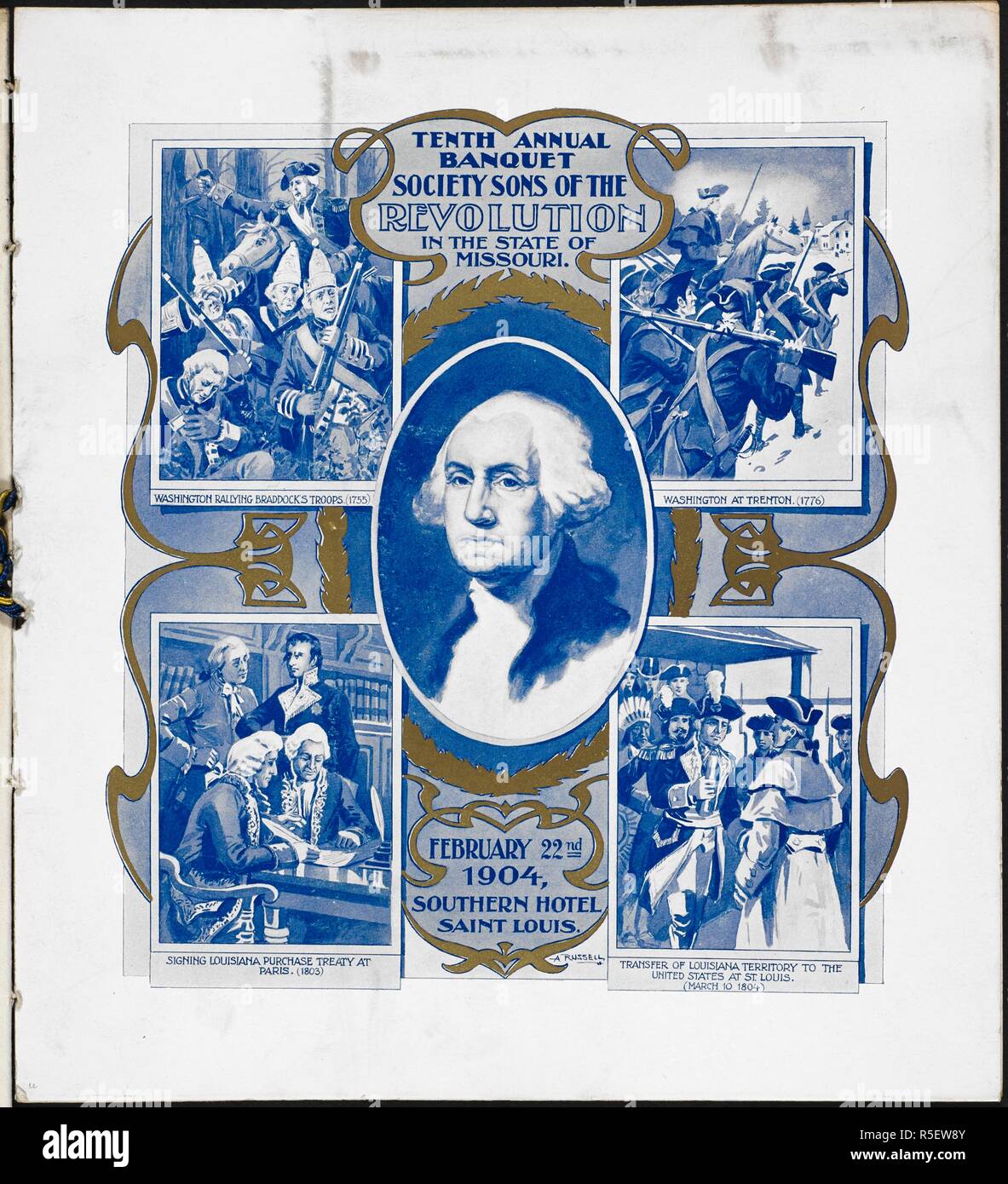 Cubierta de un menú para el décimo banquete anual- La Sociedad Hijos de la revolución en el estado de Missouri. 22 de febrero de 1904, el Sur Hotel, Saint Louis. . Una colección de tarjetas de menú de cenas y informes de las celebraciones en los Estados Unidos de América en los años 1890-1904, formado por la Srta. F. E. Buttolph. Encuadernado en tres volúmenes. 1890-1904. Fuente: C.120.f.2, volumen 3, No.35. Foto de stock