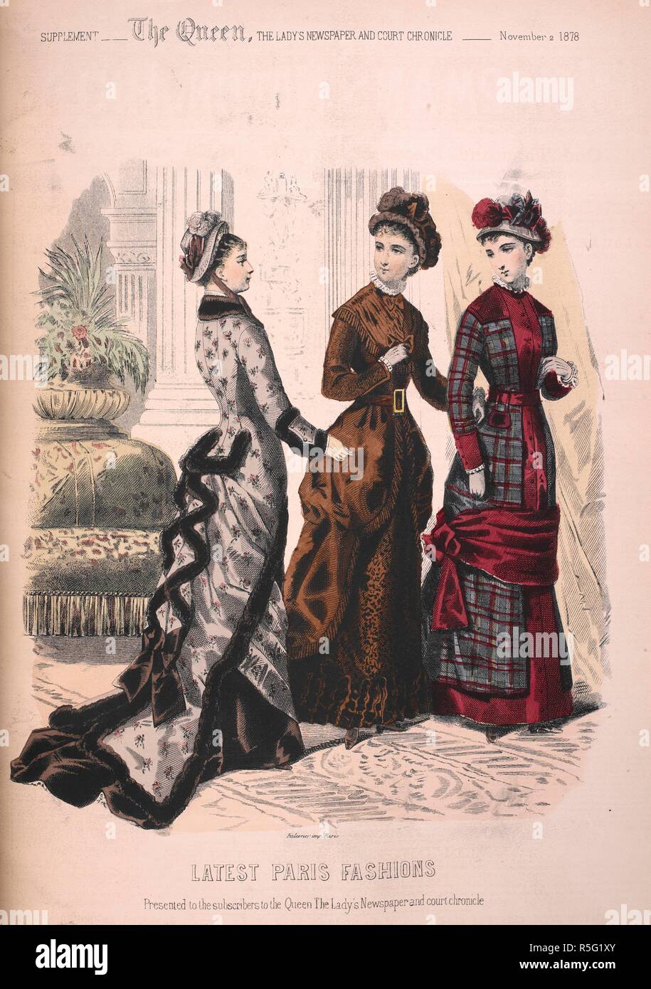 Última moda parisina. Tres mujeres. La Reina, el Lady's Periódicos & Corte  crónica. Londres, 1878. Fuente: La Reina, suplemento, 2 de noviembre de  1878, página Fotografía de stock - Alamy