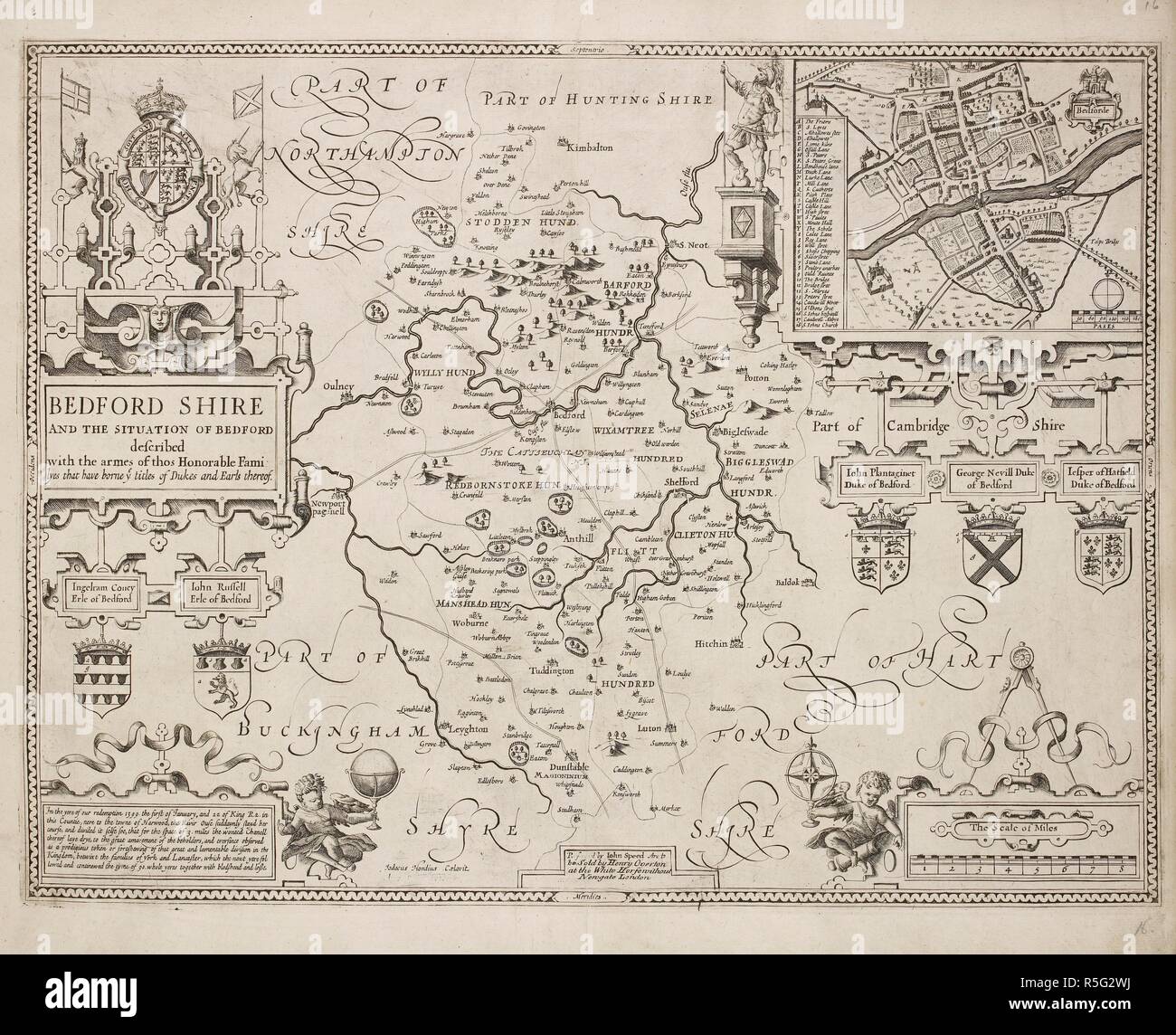 Un mapa del condado de Bedfordshire. Una colección de 37 mapas de los condados de Inglaterra. Londres. H. Overton, 1714. Una colección de 37 mapas de los condados de Inglaterra, siendo las reimpresiones, de J. Speedâ€™s mapas, por Henry Overton, junto con los de P. Stent Reimpreso por John Overton, y mapas de Derbyshire y Yorkshire grabado por S. Nicholls. Fuente: Maps.145.c.9 16. Idioma: Inglés. Foto de stock