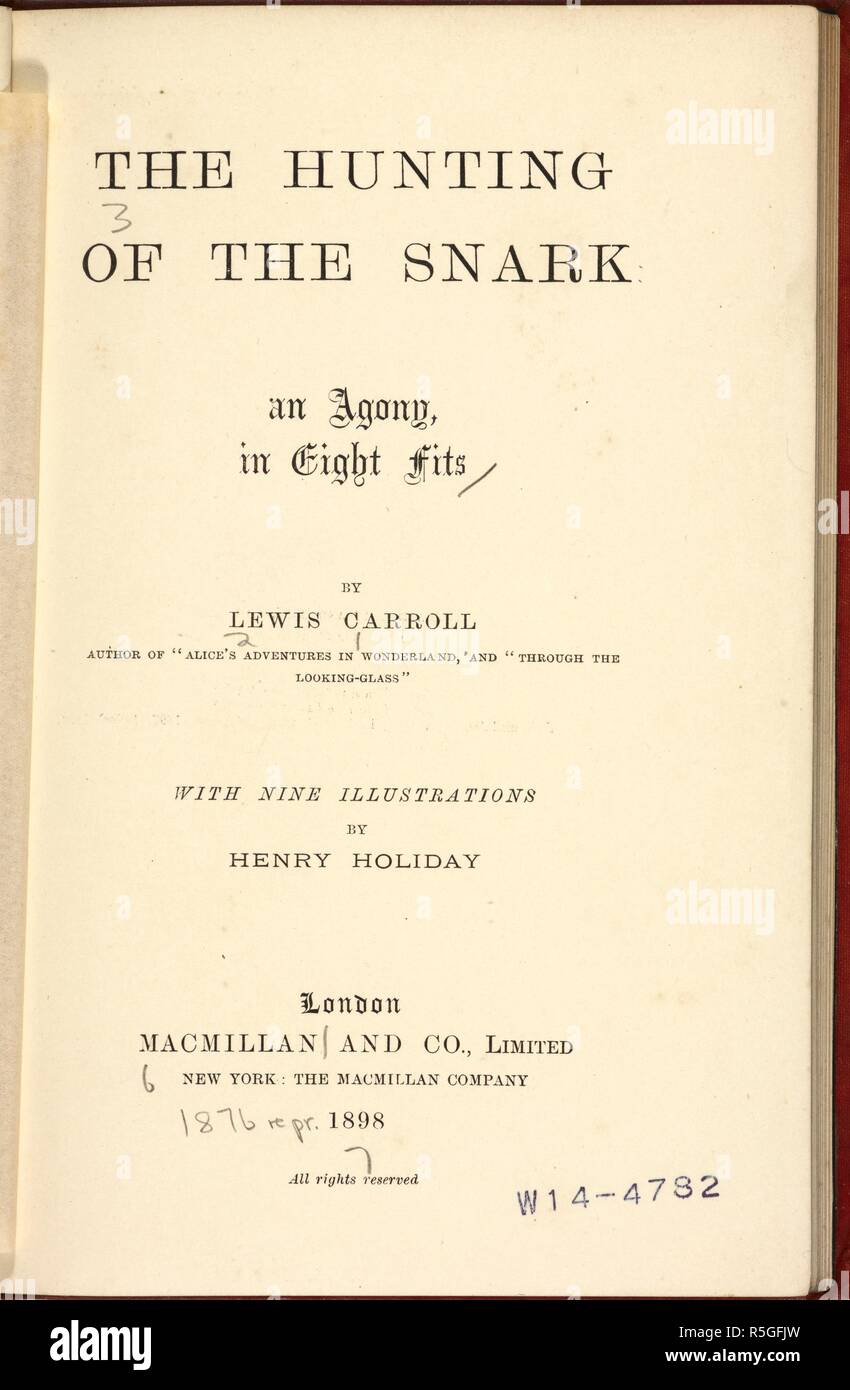 Página de título. La caza del snark : una agonía en ocho encaja. Londres: Macmillan & Co., en 1876. Fuente: W14/4782, página de título. Idioma: Inglés. Autor: Carroll, Lewis pseud. [I. e. Charles Lutwidge Dodgson]. Foto de stock