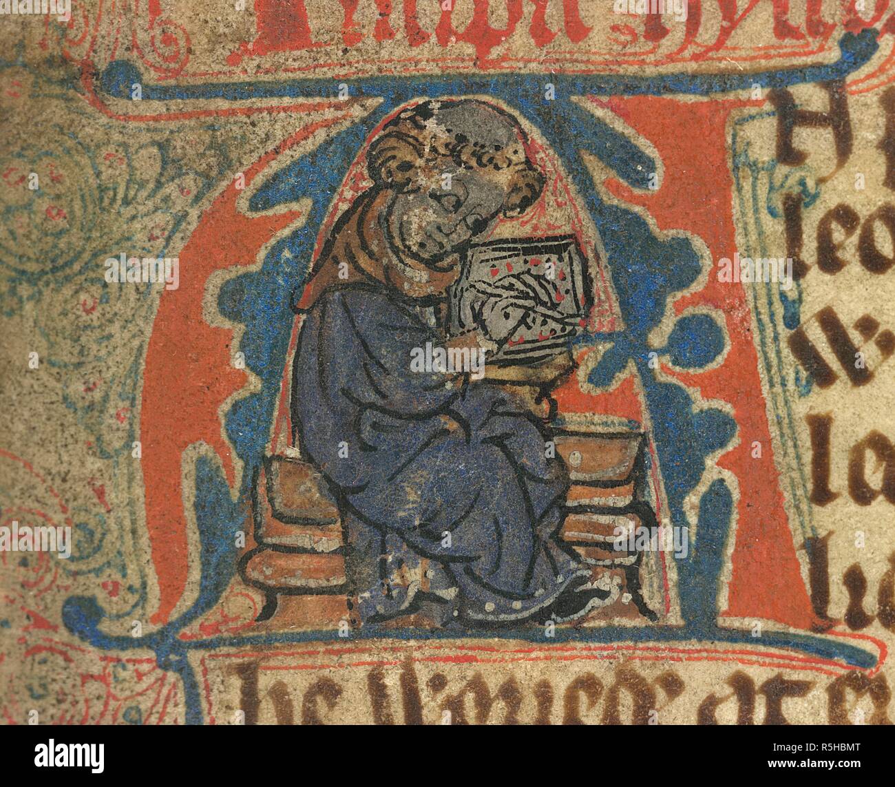 Layamon escrito. Brut. Areley, co. Worcs?; circa 1300-1325. [Miniatura] "A"  inicial, el sacerdote Layamon escrito. La apertura del poema épico,  narrando la historia de Gran Bretaña desde la historia de Brutus de