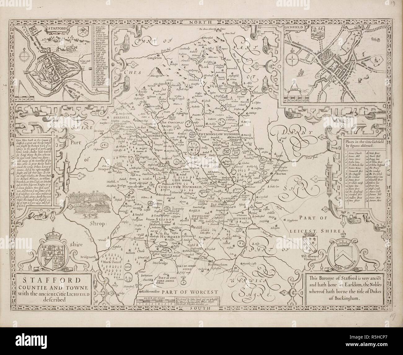 Un mapa de la ciudad y del condado de Stafford. Staffordshire. . Una colección de 37 mapas de los condados de Inglaterra. Londres. H. Overton, 1714. Una colección de 37 mapas de los condados de Inglaterra, siendo las reimpresiones, de J. Speedâ€™s mapas, por Henry Overton, junto con los de P. Stent Reimpreso por John Overton, y mapas de Derbyshire y Yorkshire grabado por S. Nicholls. Fuente: Maps.145.c.9 19. Idioma: Inglés. Foto de stock