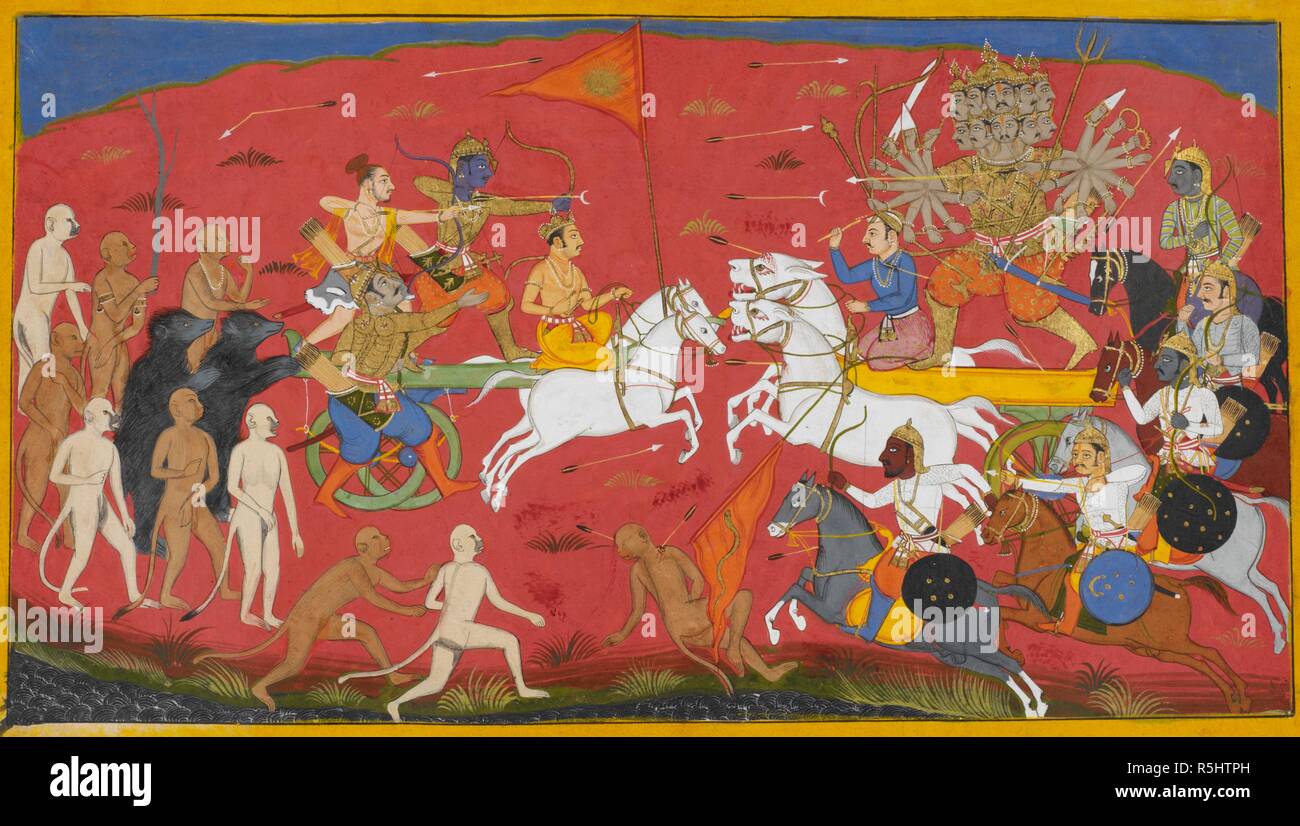 Los dos carros de Rama y Ravana cobran unos a otros. A la derecha, los caballos llevando Ravana's chariot se han convertido en leones blancos pero su serpiente estándar está cayendo. Bibhishana tiene sus ojos fijos firmemente en la rama en la cara y el estándar solar por encima de él. El Ramayana, Yuddha Kanda. Udaipur, 1652. Fuente: Añadir. 15297(1), f.163. Idioma: el Sánscrito. Autor: SAHIB DIN. Foto de stock
