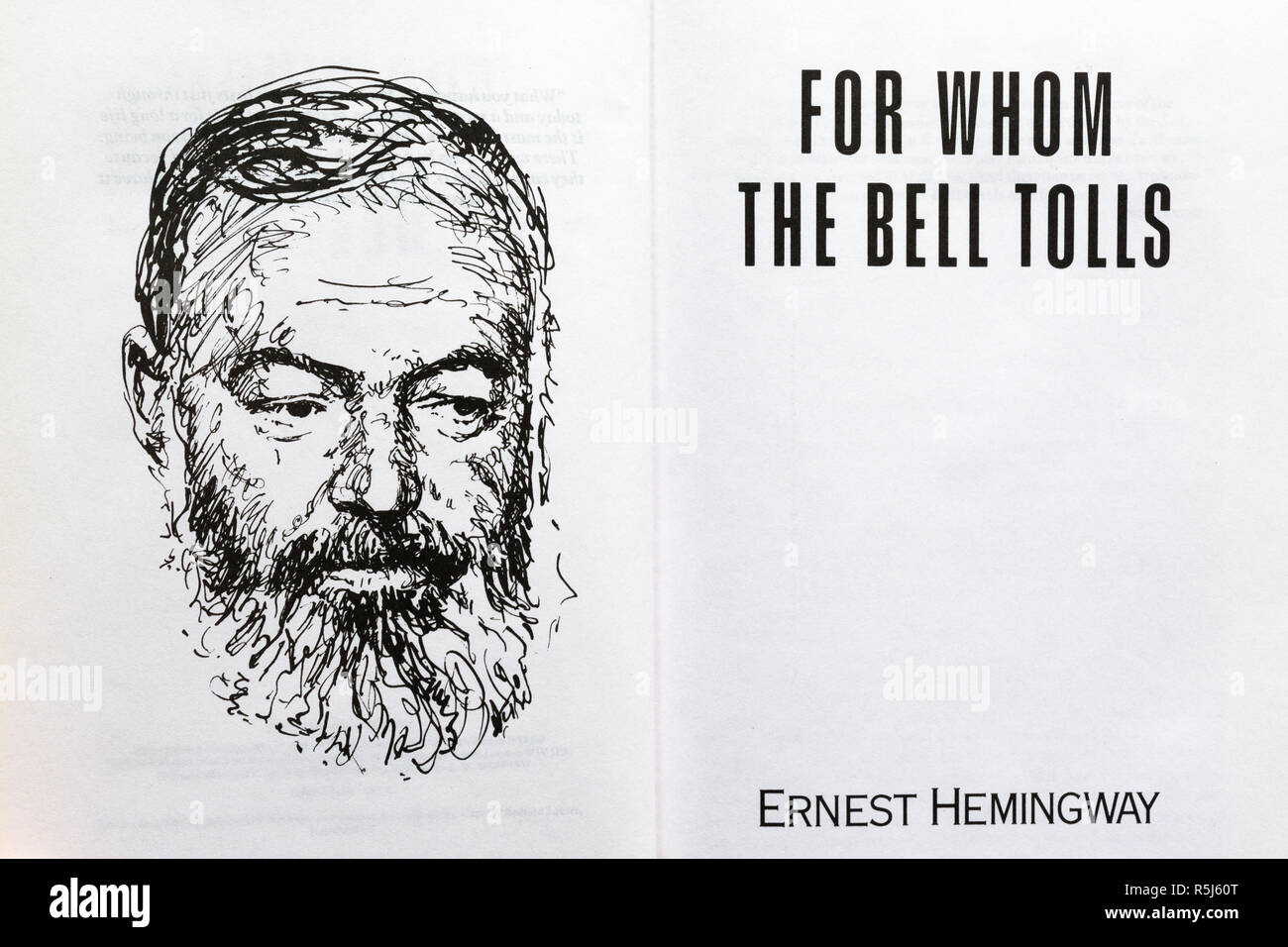 Por quién doblan las campanas Libro - novela de Ernest Hemingway. Título de la página de dibujo y del autor. Foto de stock