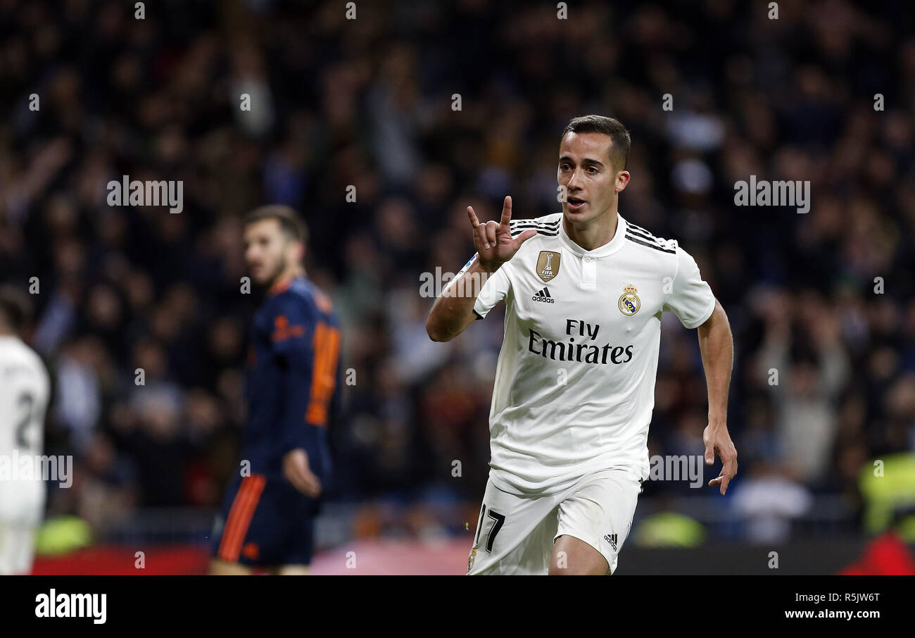 Lucas Vazquez (Real Madrid) visto celebrando después de marcar un gol  durante la Liga el partido entre el Real Madrid y el Valencia CF en el  Estadio Santiago Bernabéu de Madrid. (Puntuación