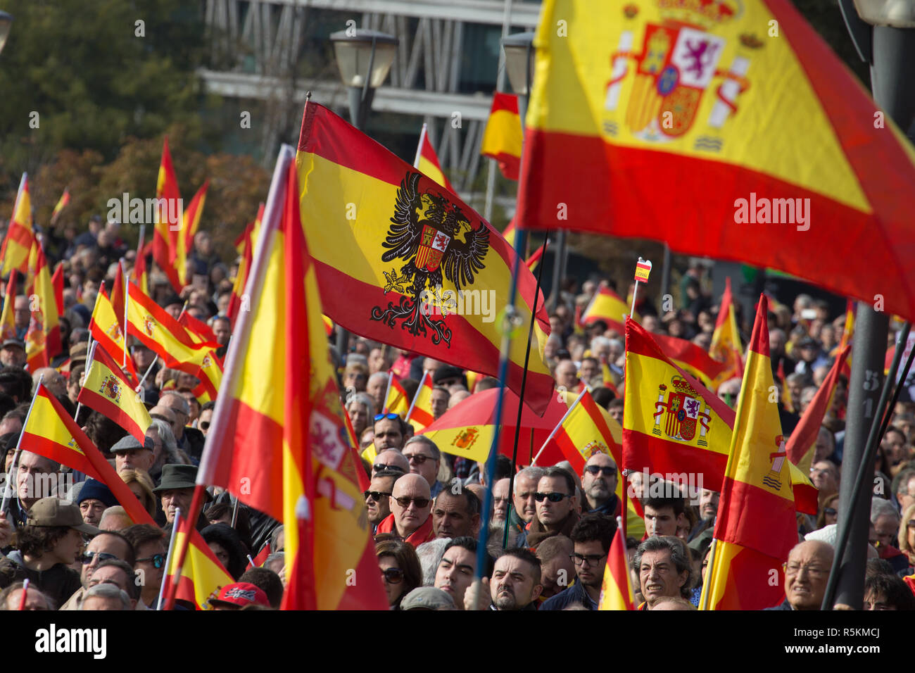 Los manifestantes se ven sosteniendo banderas españolas durante la protesta. Miles de personas sosteniendo numerosas banderas de España participaron en la manifestación celebrada en Madrid por Denaes y la España Viva Fundación en defensa de las instituciones, la unidad de España y contra la impunidad de los golpistas. Foto de stock