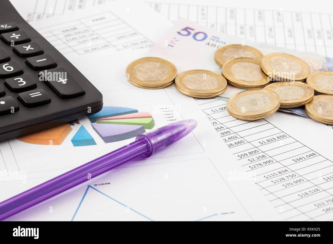 Hoja de cálculo de presupuesto mensual, dinero, bolígrafo y calculadora  Fotografía de stock - Alamy