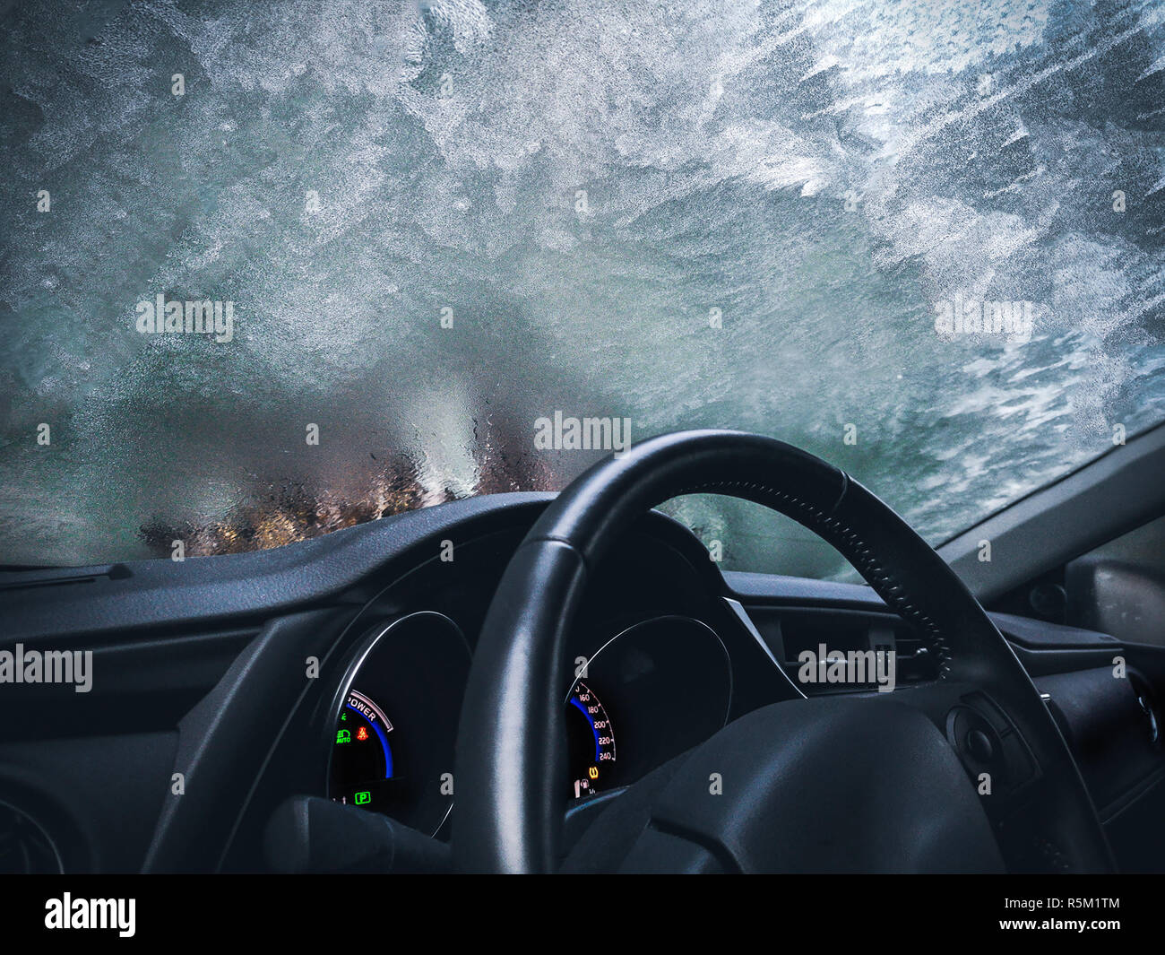 Coche congelado helado de vidrio esmerilado interior del automóvil de fondo Foto de stock