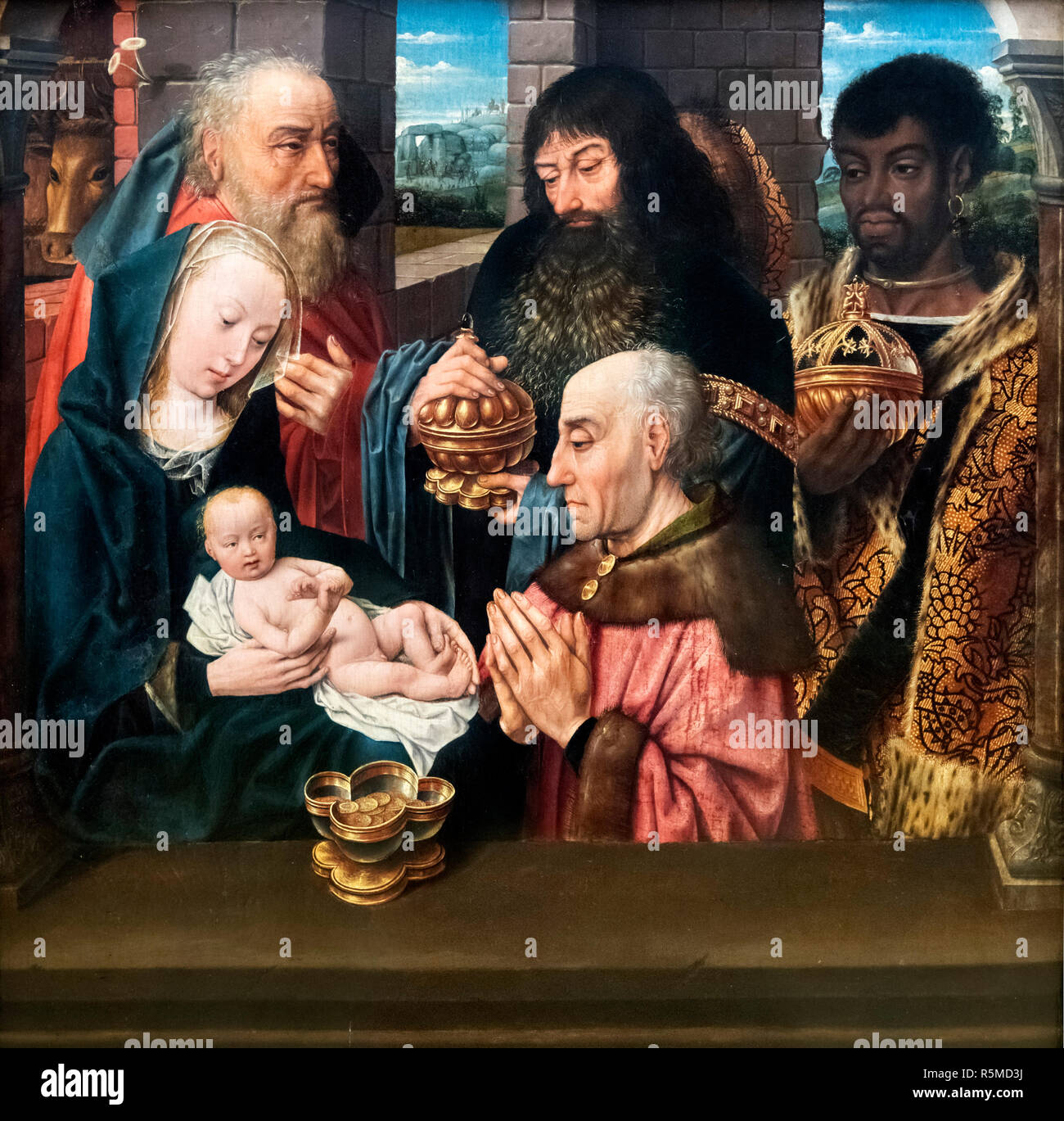 La adoración de los Reyes por Hugo van der Goes (c.1440-1482), el aceite en el tablero Foto de stock