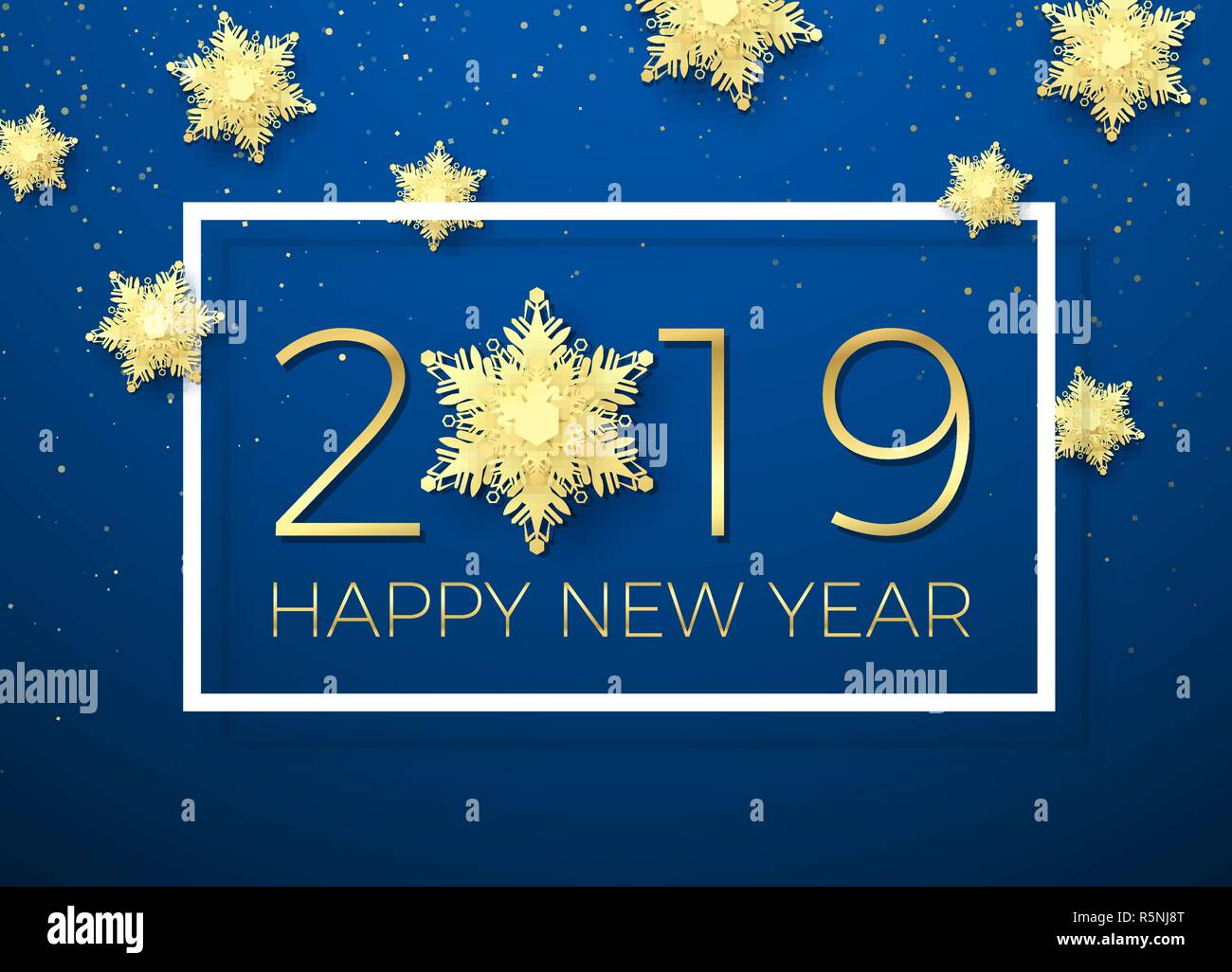 Tarjeta de felicitación de Año Nuevo. Texto Áureo Feliz Año Nuevo 2019 con  oro copo de nieve. Vacaciones creativas diseño de tarjetas de felicitación  con marco blanco y dorado snowfal Imagen Vector