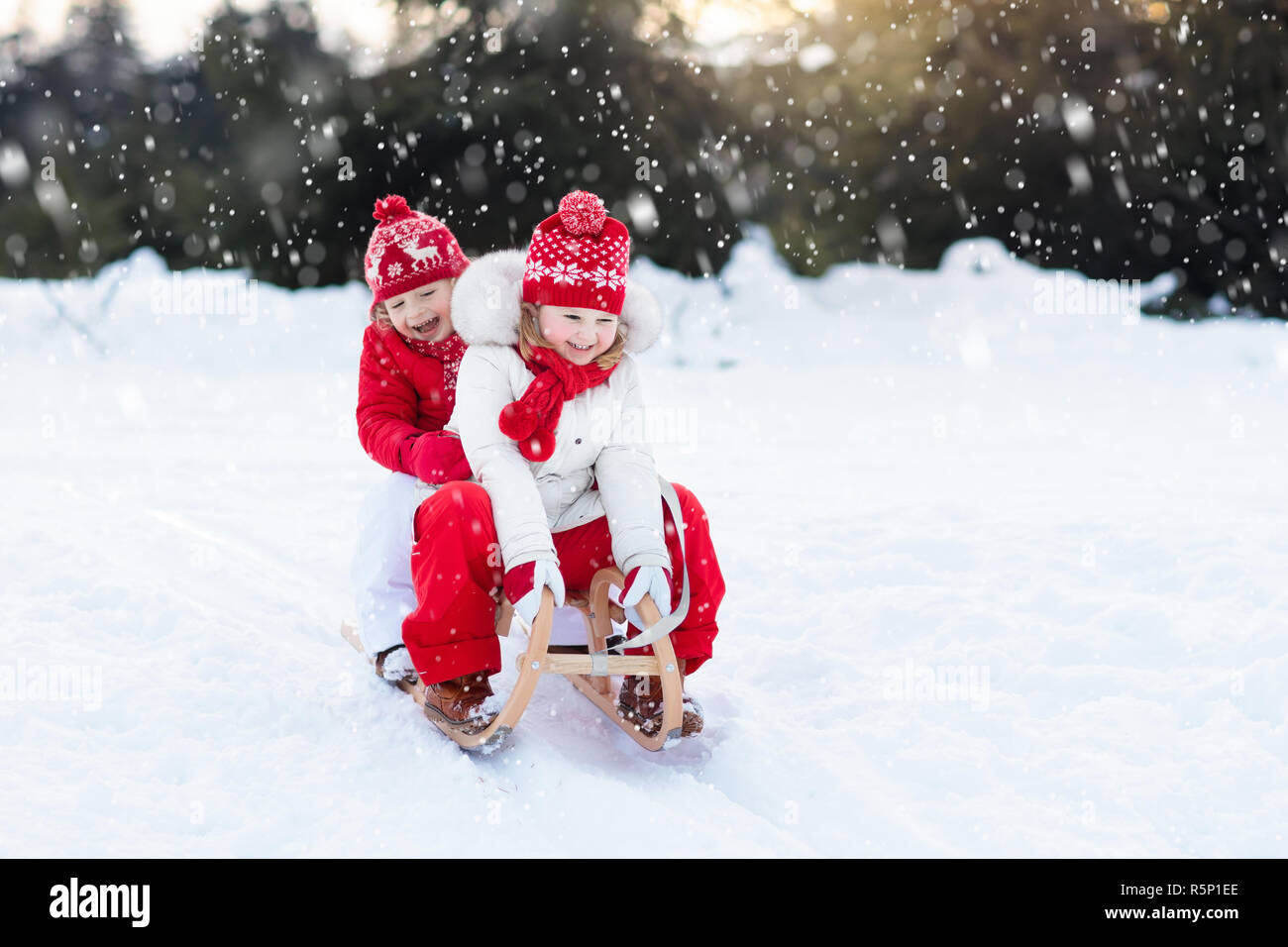 Niña y Niño disfrute de un paseo en trineo. Niño trineos. niño chico  montando un trineo. Los niños juegan al aire libre en la nieve. kids sled  en Alpes en w Fotografía