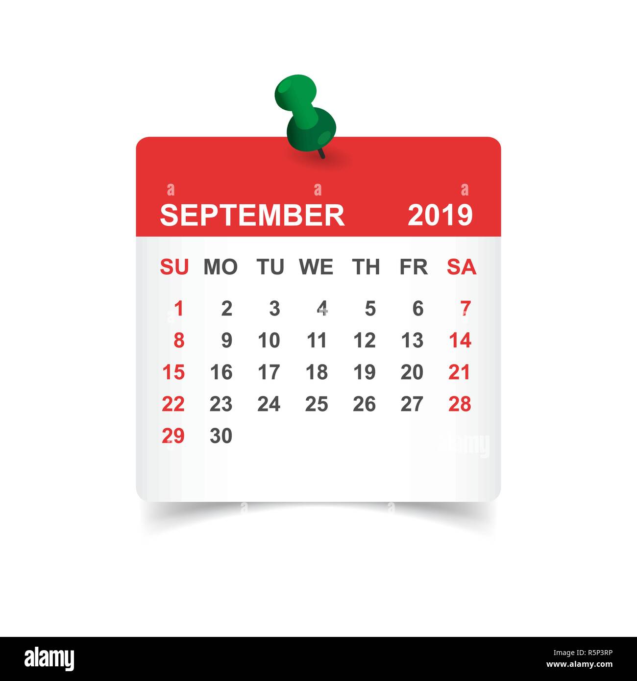 Calendario Septiembre 2019 año en papel adhesivo con el pasador