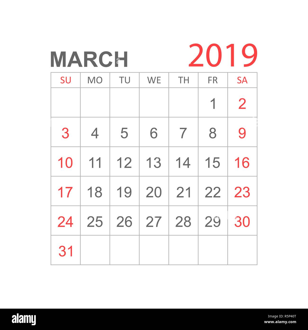 Calendario Marzo 2019 año en estilo sencillo. Planificador de calendario  plantilla de diseño. Agenda mensual marzo recordatorio. Business  ilustración vectorial Imagen Vector de stock - Alamy