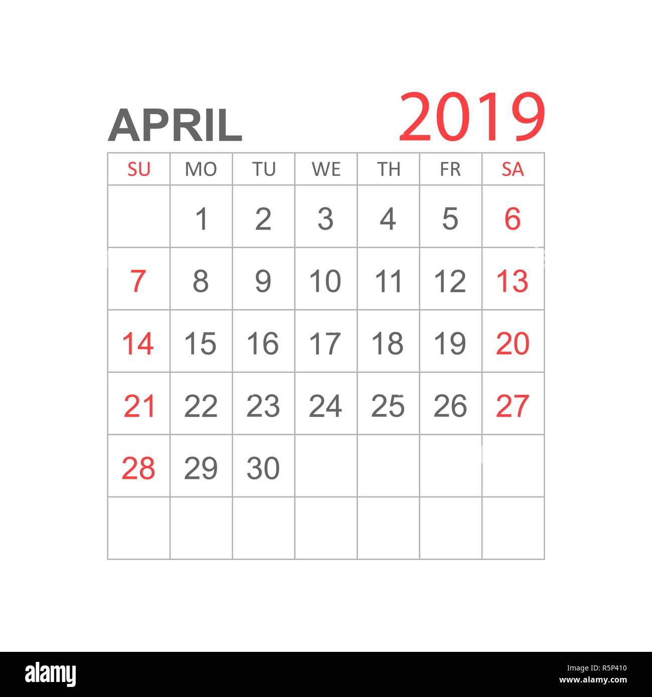 Calendario Abril 2019 año en estilo sencillo. Planificador de calendario plantilla de diseño Calendario Abril 2019 año en estilo sencillo. Planificador de calendario plantilla de diseño