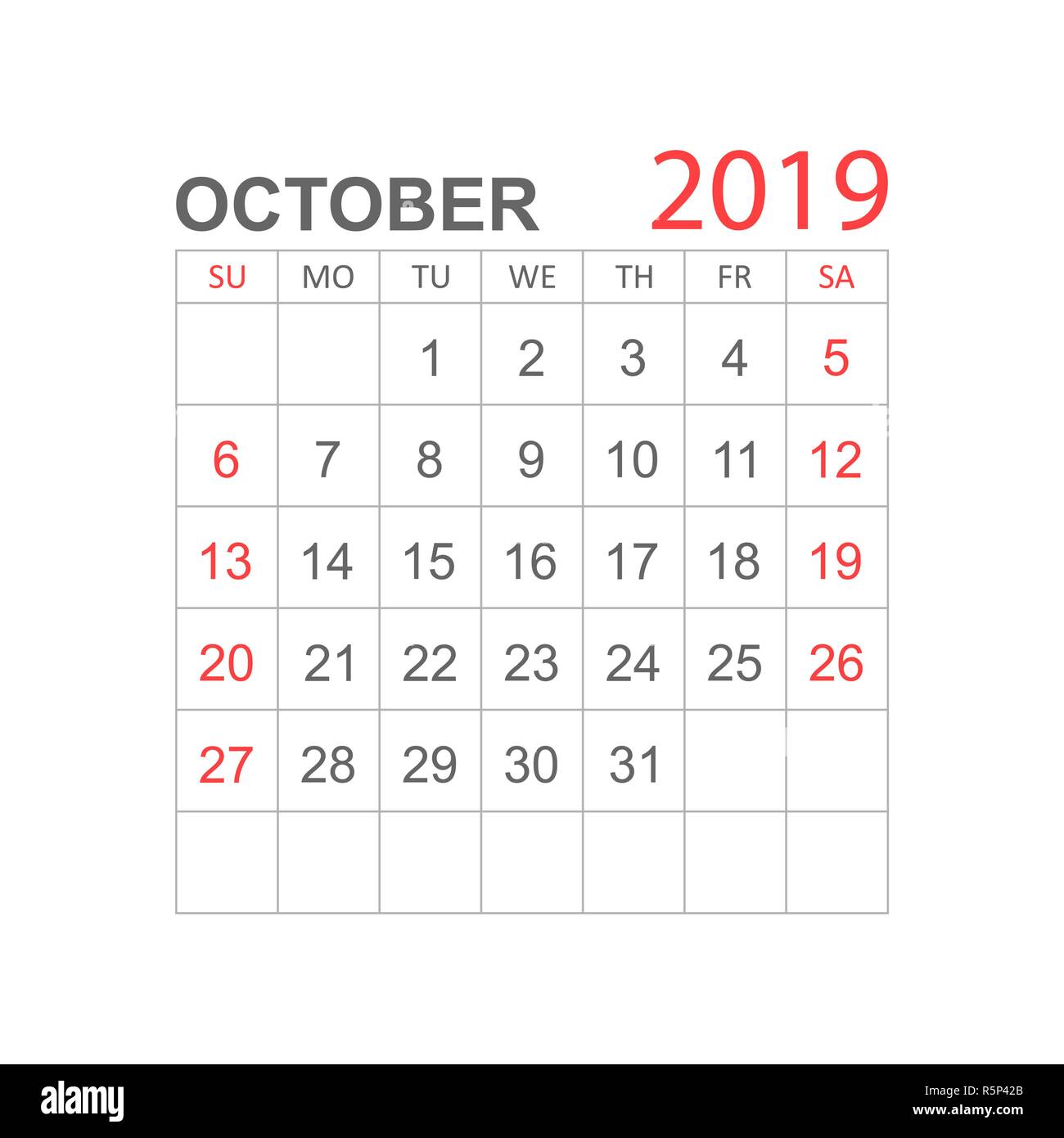 Calendario Octubre 2019 año en estilo sencillo. Planificador de calendario  plantilla de diseño. La agenda de octubre recordatorio mensual. Business  ilustración vectorial Imagen Vector de stock - Alamy