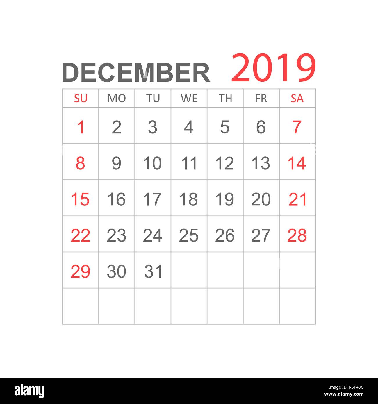 Calendario Diciembre 2019 año en estilo sencillo. Planificador de