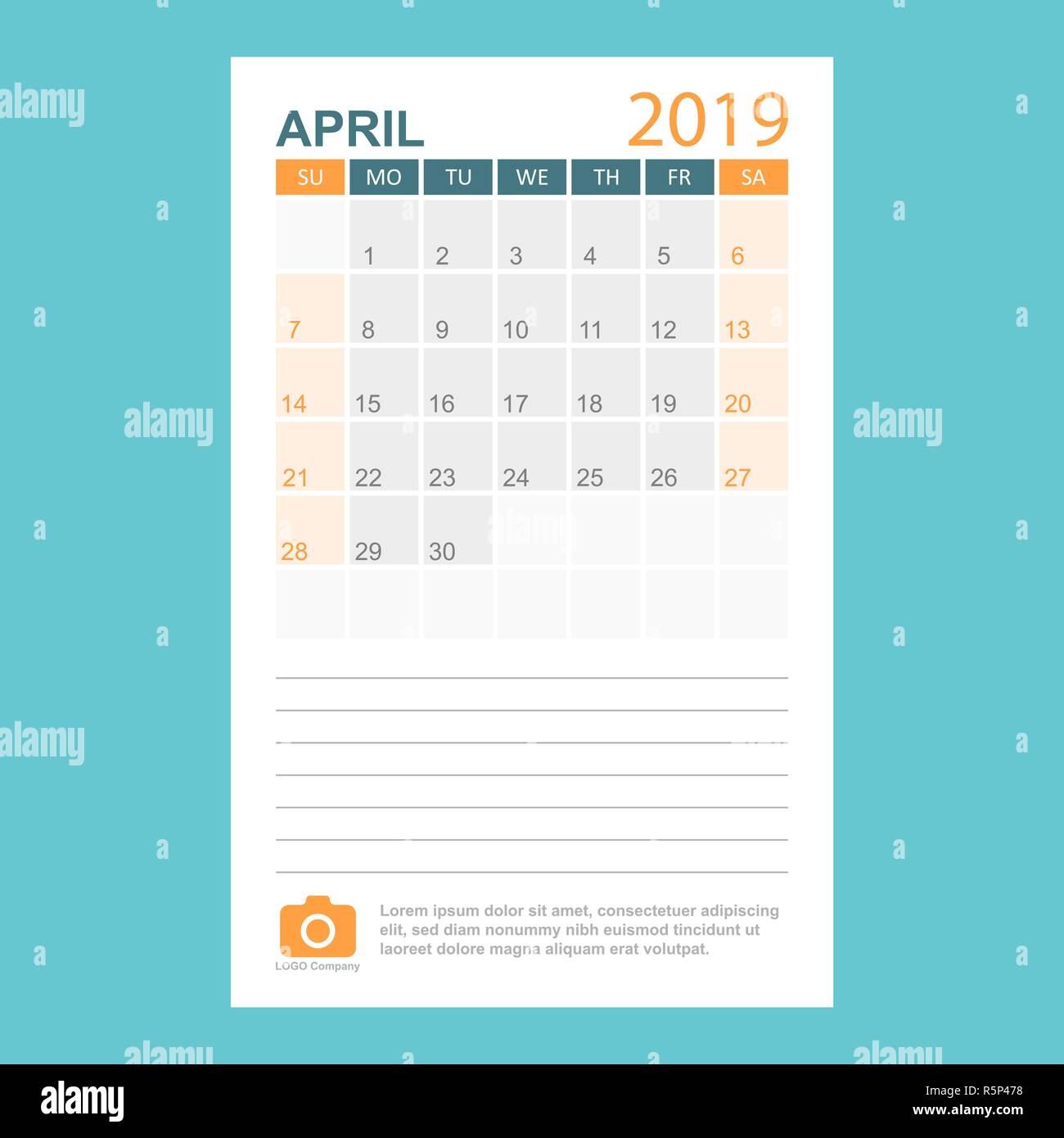 Calendario Abril 2019 año en estilo sencillo. Planificador de calendario  plantilla de diseño. El programa mensual de abril de la plantilla con el  logotipo de la empresa. Negocios illustrat vectorial Imagen Vector