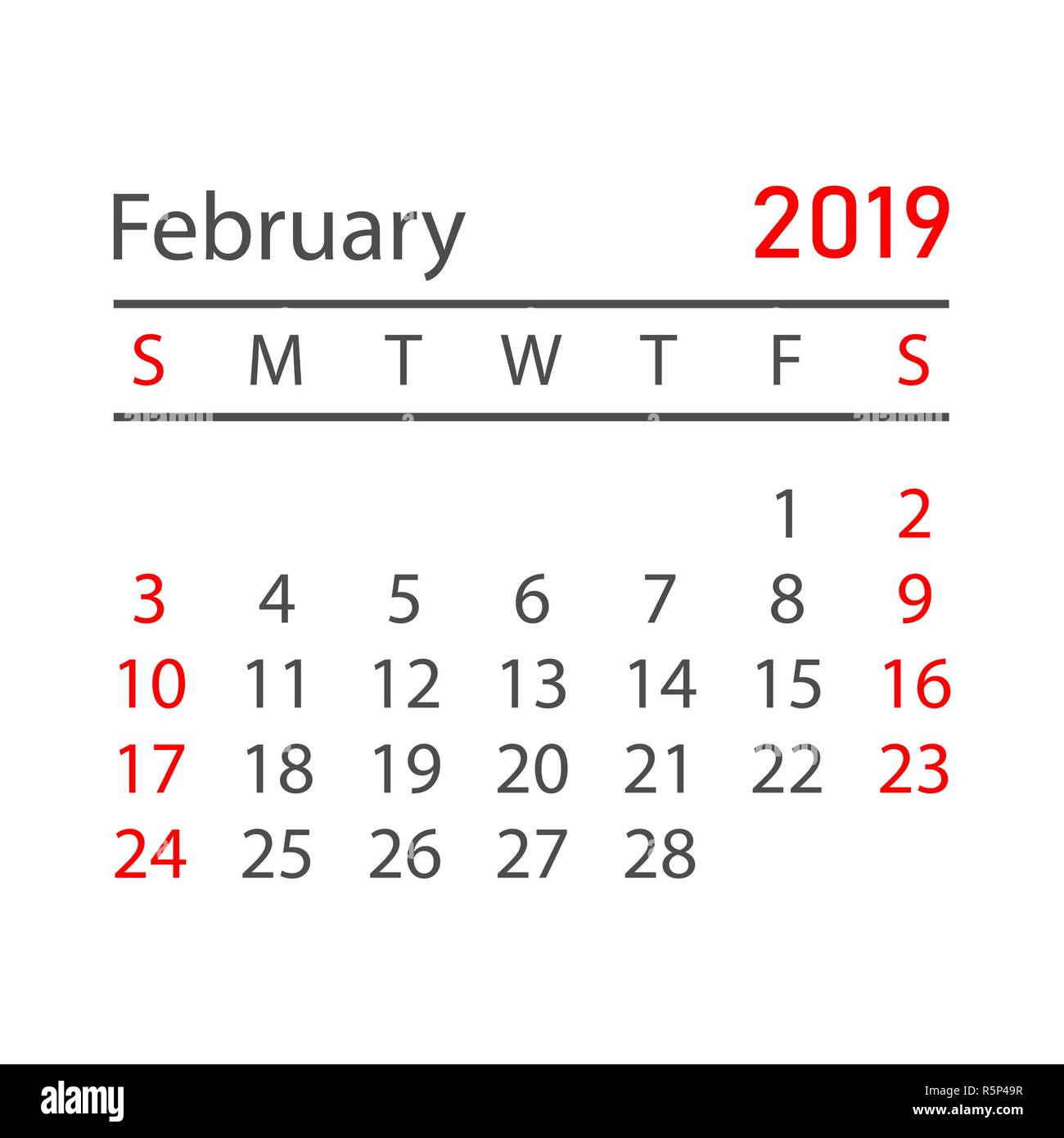Calendario de febrero de 2019 año en estilo sencillo. Planificador de  calendario plantilla de diseño. Agenda recordatorio mensual de febrero.  Business ilustración vectorial Imagen Vector de stock - Alamy