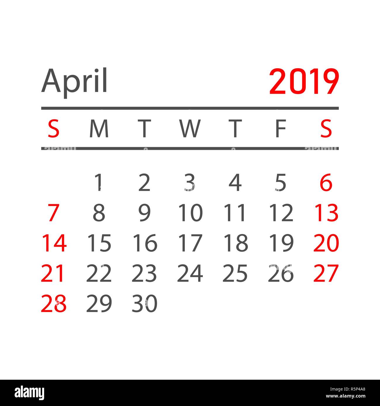 Calendario Abril 2019 año en estilo sencillo. Planificador de calendario  plantilla de diseño. Recordatorio de la agenda mensual del mes de abril.  Business ilustración vectorial Imagen Vector de stock - Alamy