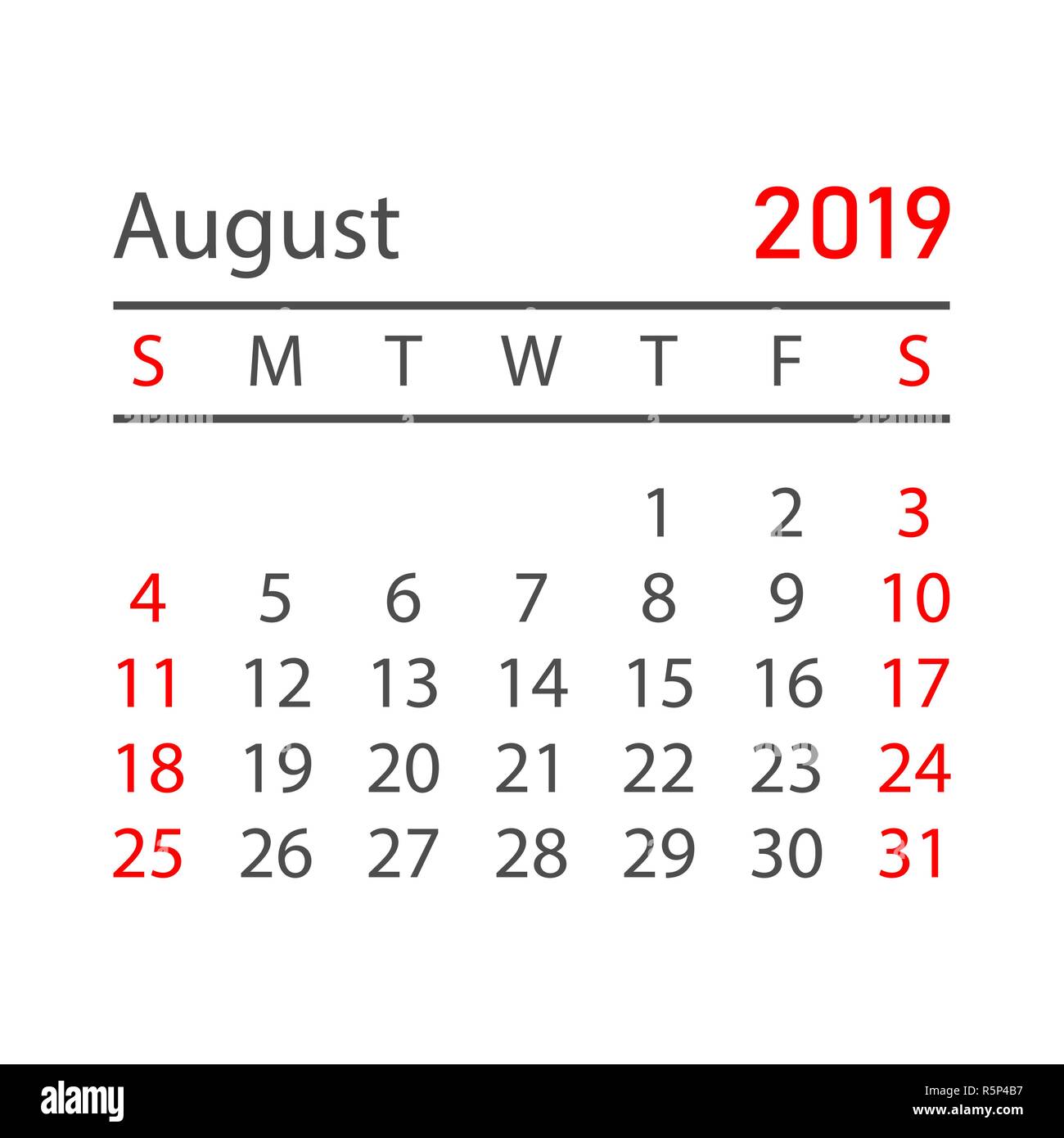 Calendario Agosto 2019 año en estilo sencillo. Planificador de calendario  plantilla de diseño. Agenda mensual agosto recordatorio. Business  ilustración vectorial Imagen Vector de stock - Alamy