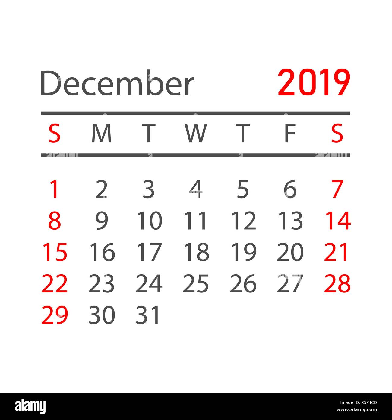 Calendario Diciembre 2019 año en estilo sencillo. Planificador de