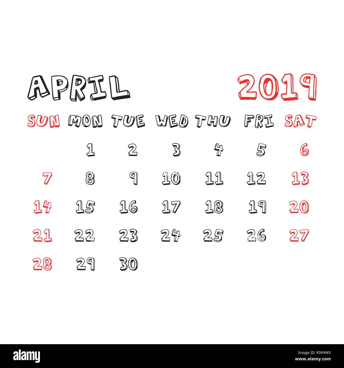 Calendario Abril 2019 año en estilo infantil de dibujos animados.  Planificador de calendario plantilla de diseño. Recordatorio de la agenda  mensual del mes de abril. Business ilustración vectorial Imagen Vector de  stock -