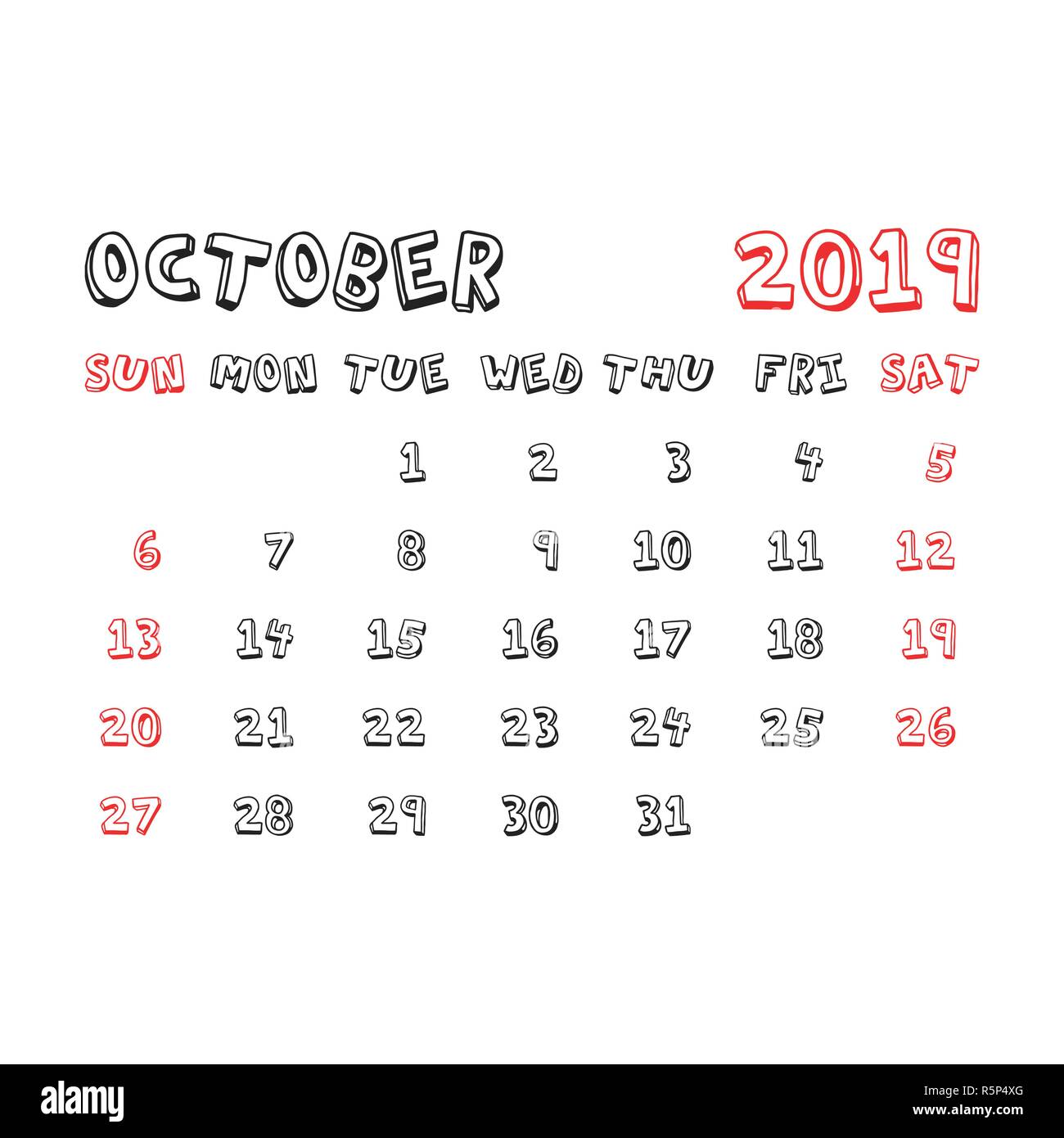 Calendario Octubre 2019 año en estilo infantil de dibujos animados.  Planificador de calendario plantilla de diseño. La agenda de octubre  recordatorio mensual. Business ilustración vectorial Imagen Vector de stock  - Alamy