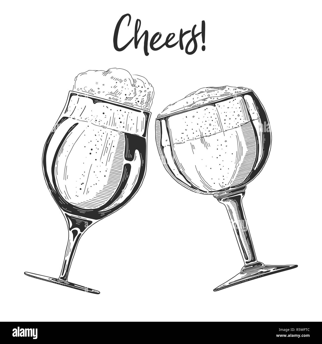 Dos vasos de cerveza sobre un fondo blanco. Inscripción Cheers