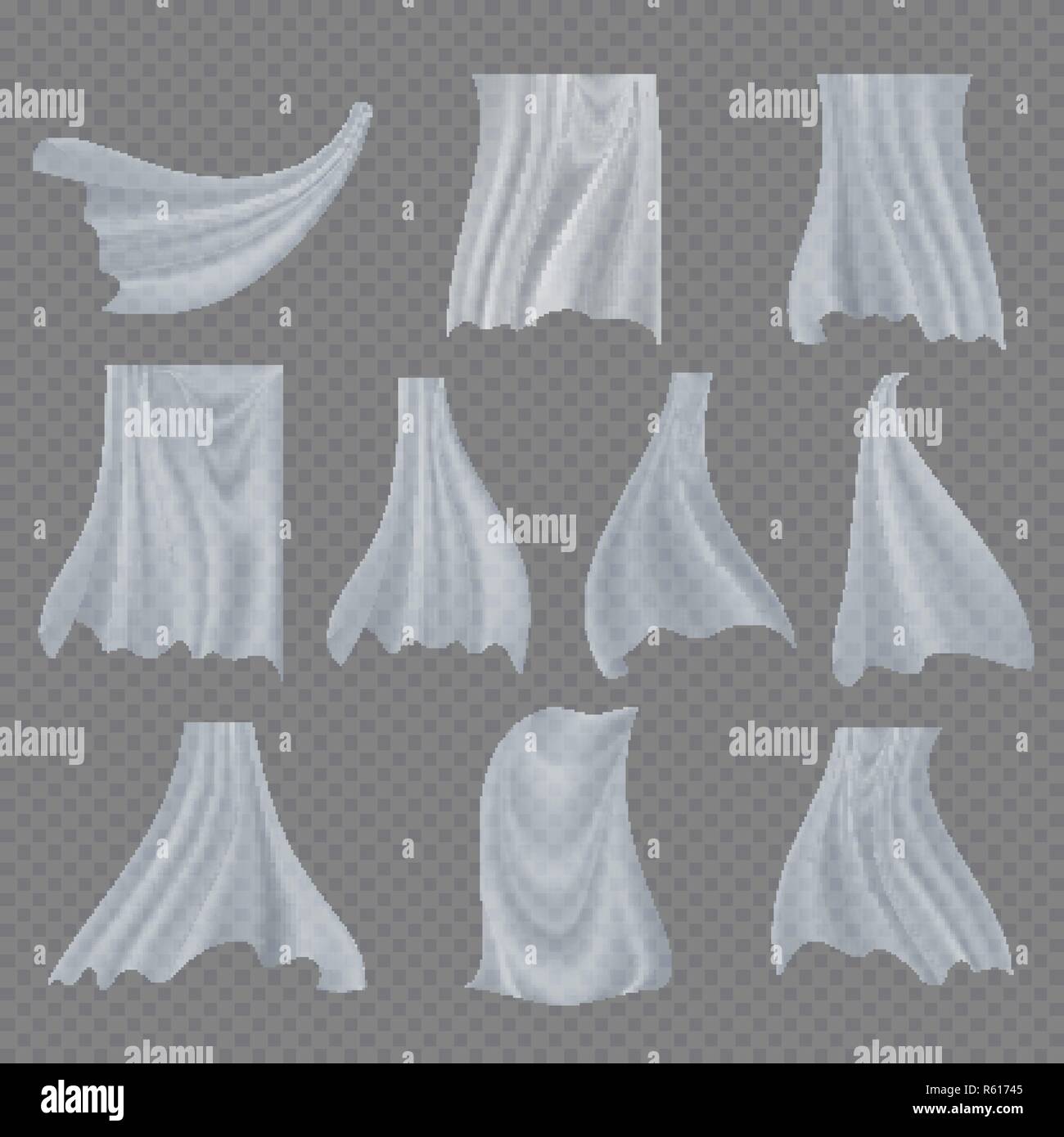 https www alamy es conjunto de pano blanco vector ondea claro rizado cortina de tela blanca transparente aleteo de seda tejido curvo ventana en la decoracion del hogar material clara ilustracion realista image227450277 html
