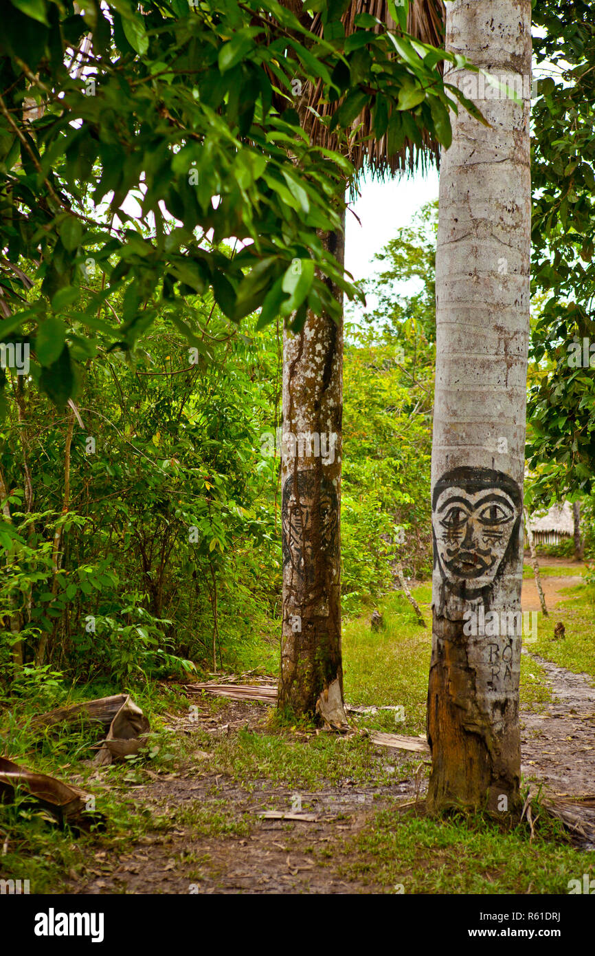 Árboles del Amazonas pintadas por aldeanos Foto de stock