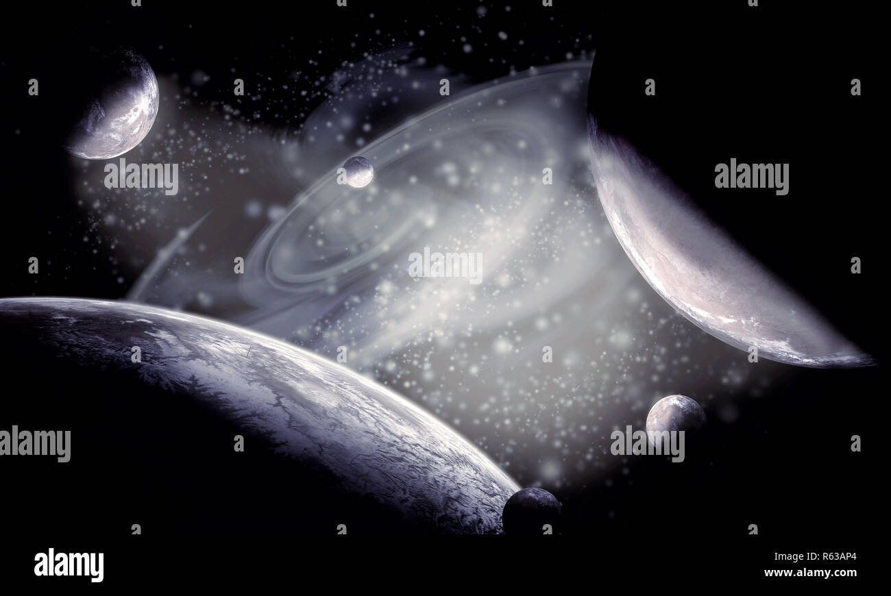 Imagen generada por ordenador de la fantasía de un planeta en el espacio profundo nebulosa gaseosa en el fondo Foto de stock