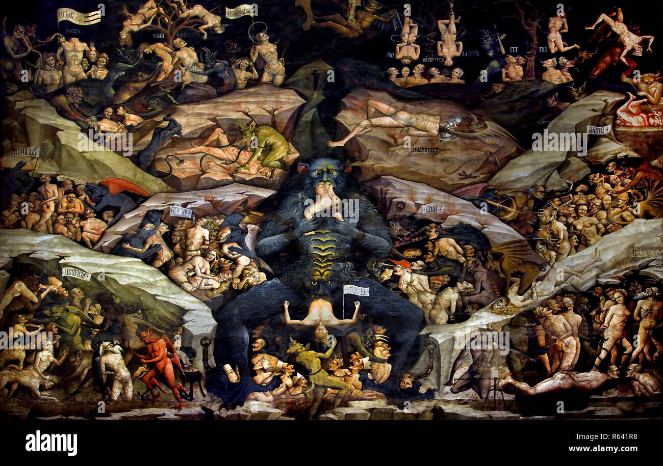 Lucifer pecadores comer fresco, el cielo y el infierno, la Cappella  Bolognini, la Capilla de los Reyes Magos, por Giovanni da Modena, 1410,  inspirada en la Divina Comedia de Dante, la Basílica