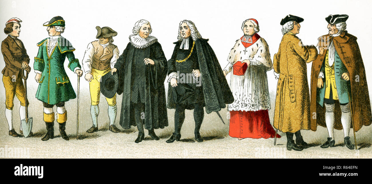 Las cifras foto aquí son alemanes en 1700. Ellos son, de izquierda a derecha: campesinos, viajando de vestuario, campesino, pastor protestante, traje de la Magistratura, obispo, dos ciudadanos. Esta ilustración se remonta a 1882. Foto de stock
