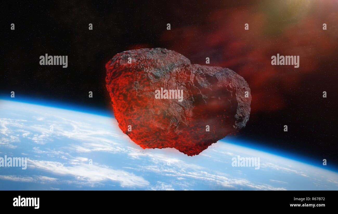 Lluvia de meteoros, impacto de meteorito en el planeta tierra Foto de stock