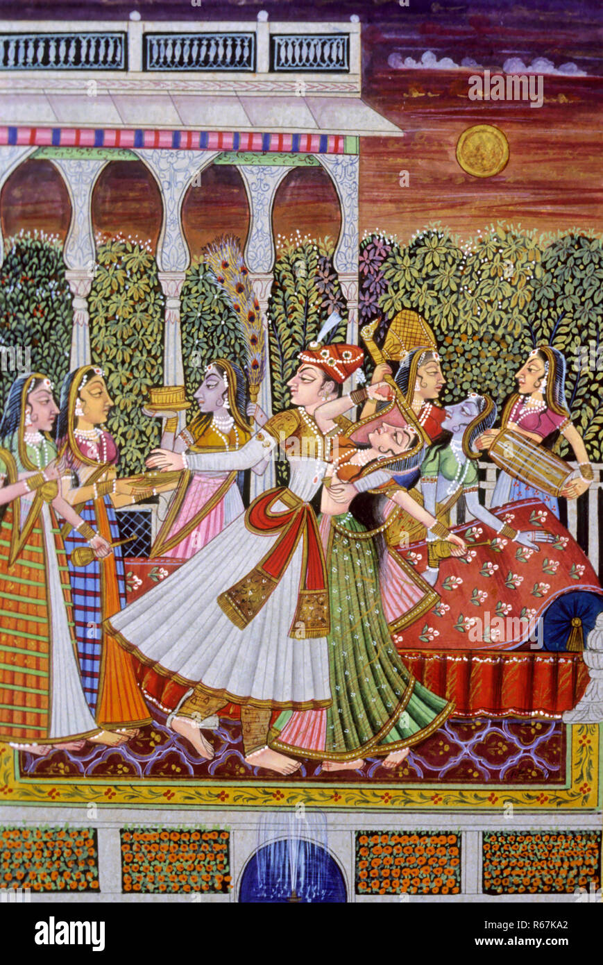 Pintura Mughal del emperador Raja Maharaja con reinas en el jardín Foto de stock