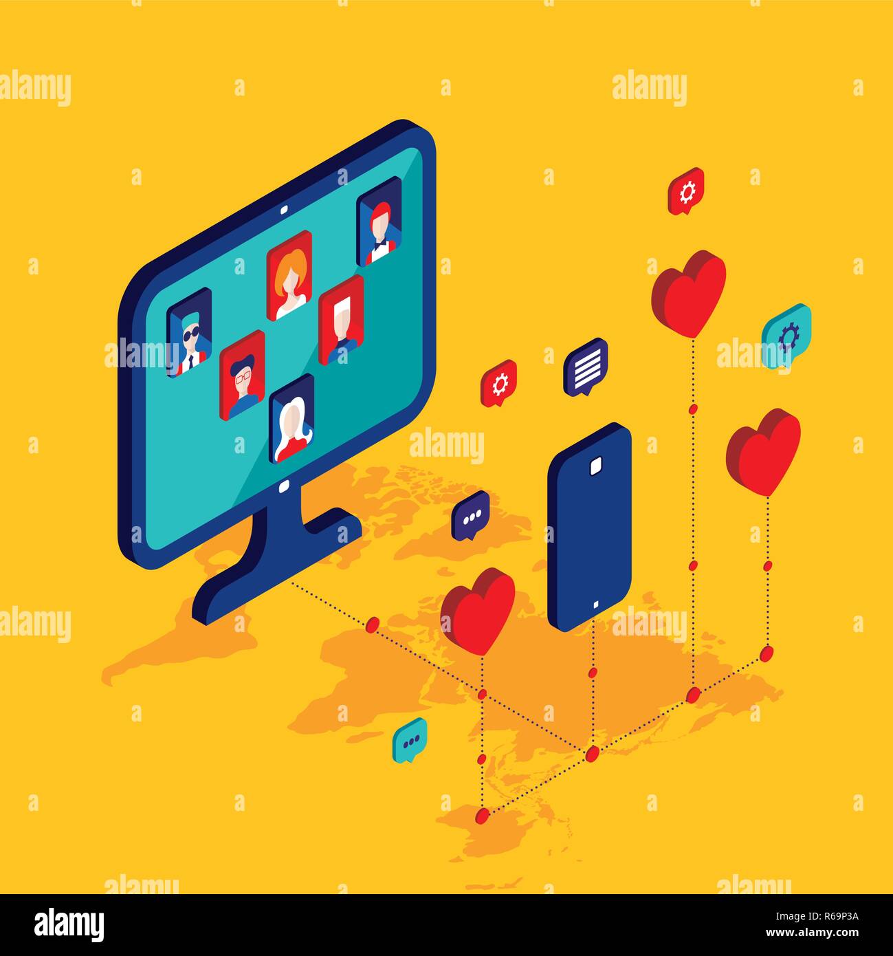 La red social y el concepto de tecnología moderna ilustración vectorial diseño isométrico Plano Ilustración del Vector