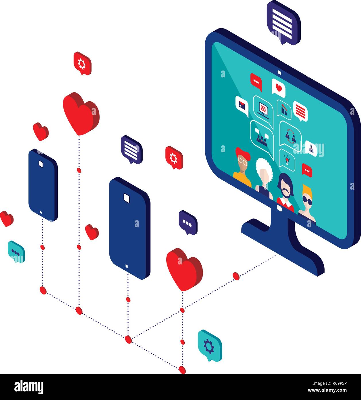 La red social y el concepto de tecnología moderna ilustración vectorial diseño isométrico Plano Ilustración del Vector