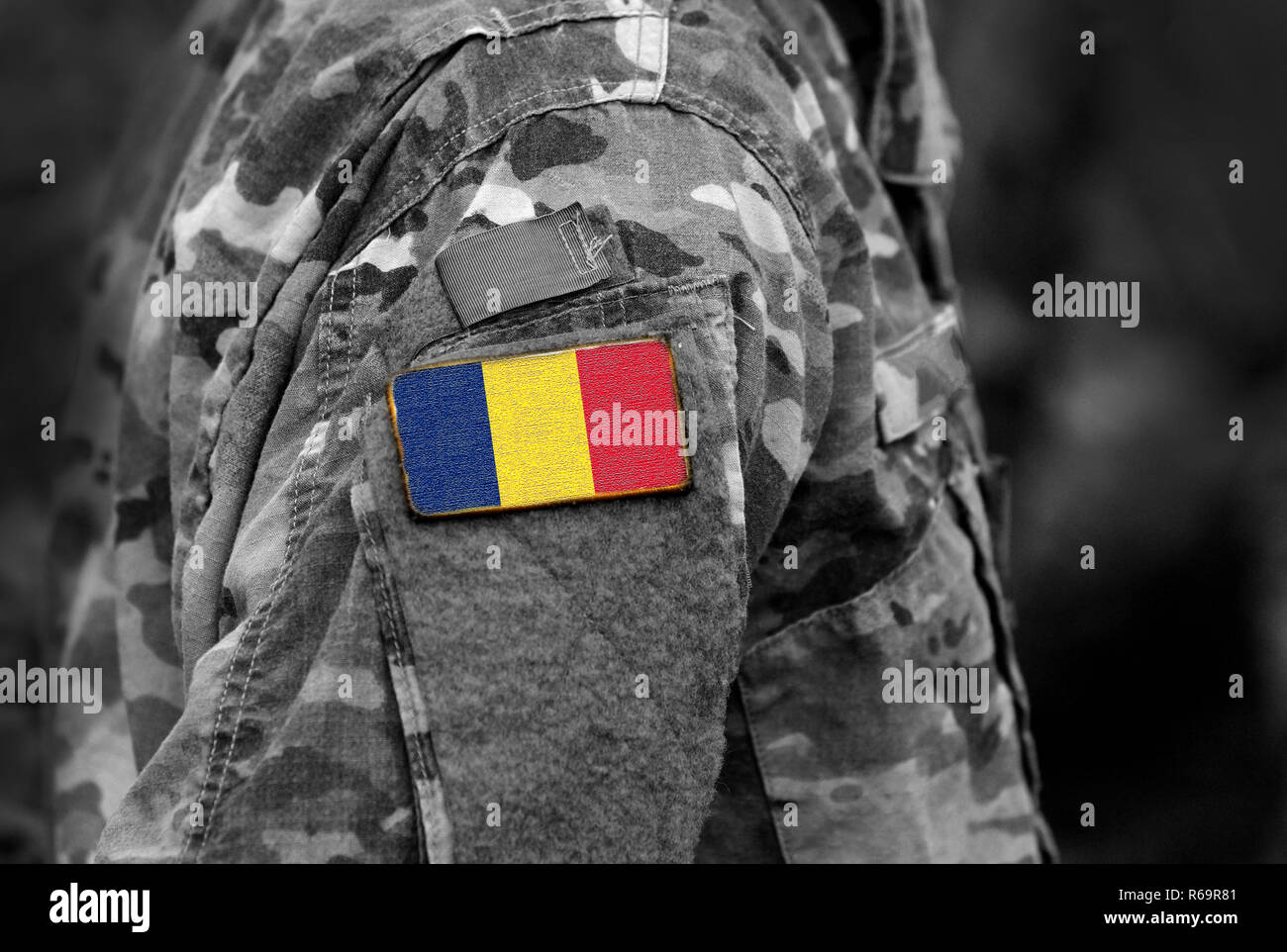 Bandera de Chad en soldados del brazo. Ejército, tropas, militares, África (collage), Foto de stock