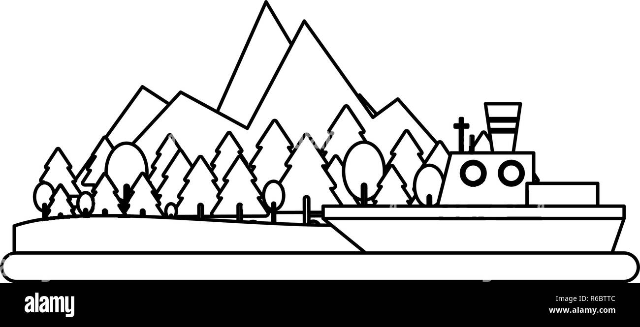 Barco de pesca en la isla en blanco y negro Ilustración del Vector