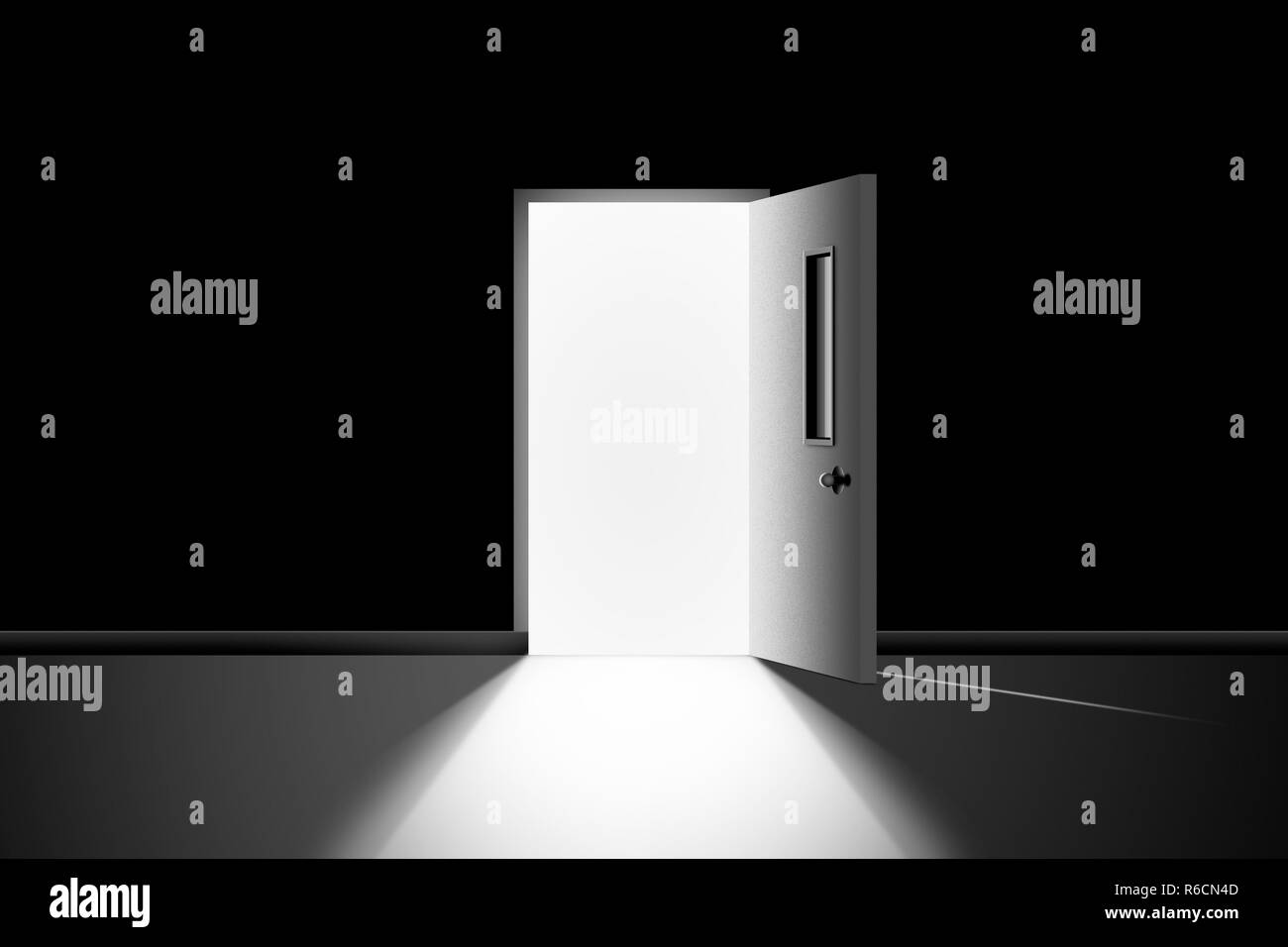 Imagen digital en blanco y negro de la puerta abierta en una habitación oscura conduce a brillante luz cegadora. Foto de stock