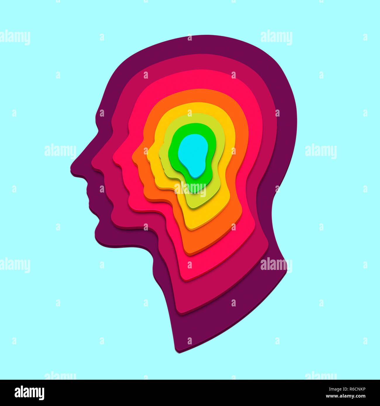 Perfil humano concéntricos formas en los colores del arco iris sobre un fondo azul pálido Foto de stock