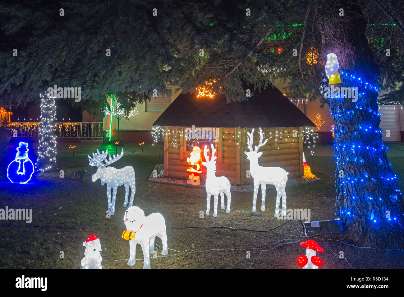 Randau, Alemania. 04 Dec, 2018. Los animales con luces de pie en el jardín  delantero de una casa decorada con luces de Navidad. El objetivo de la  Navidad espectáculo para el dueño