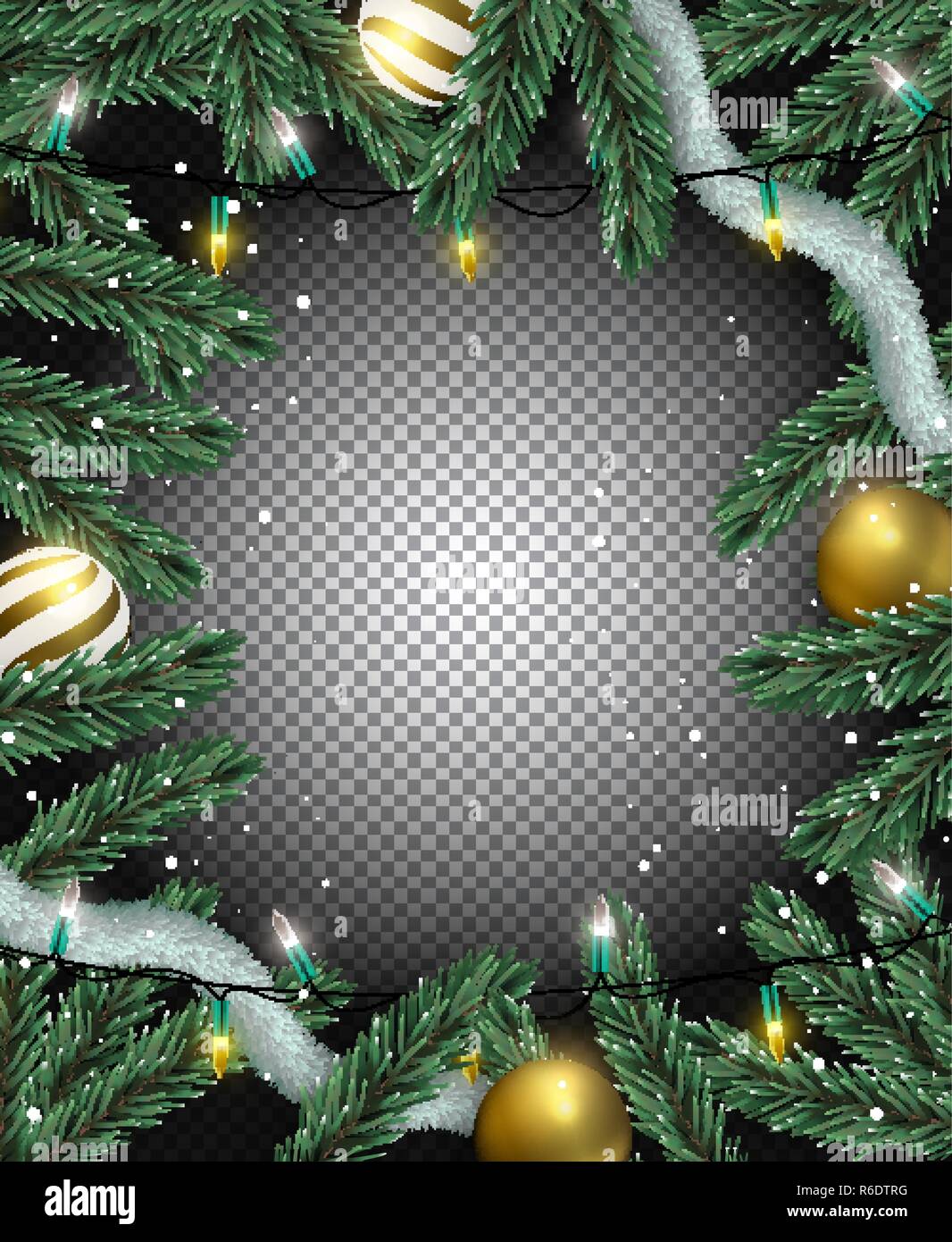 Christmas background transparente. Adornos de adornos de oro, las luces de Navidad y realistas en 3D de Pine Tree en aisladas como telón de fondo con espacio de copia. Ilustración del Vector