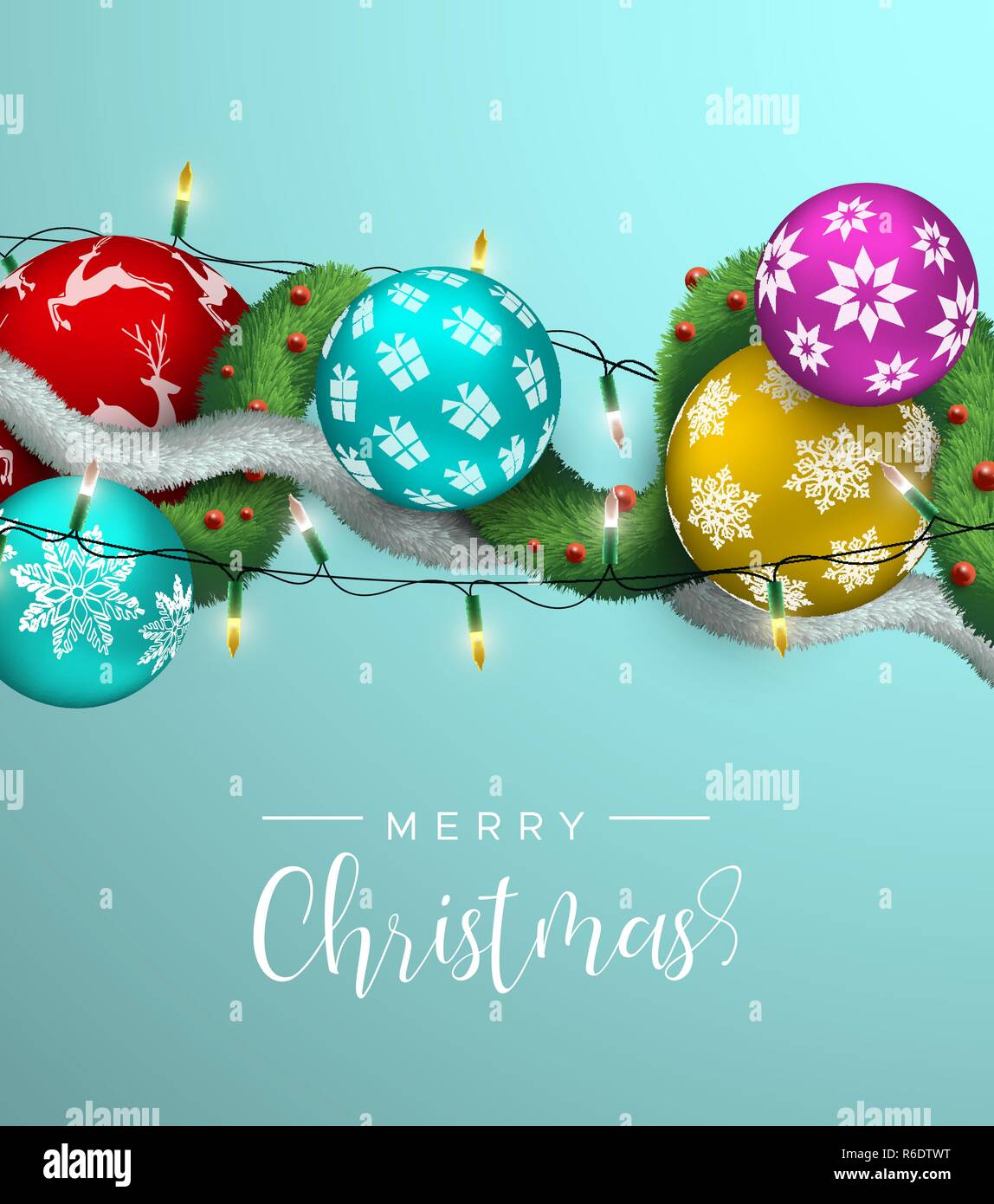 Feliz Navidad tarjeta 3D realista ilustración coloridos adornos de adornos de navidad con luces y guirnaldas de pino. Bolas Navideñas fondo multicolor Ilustración del Vector