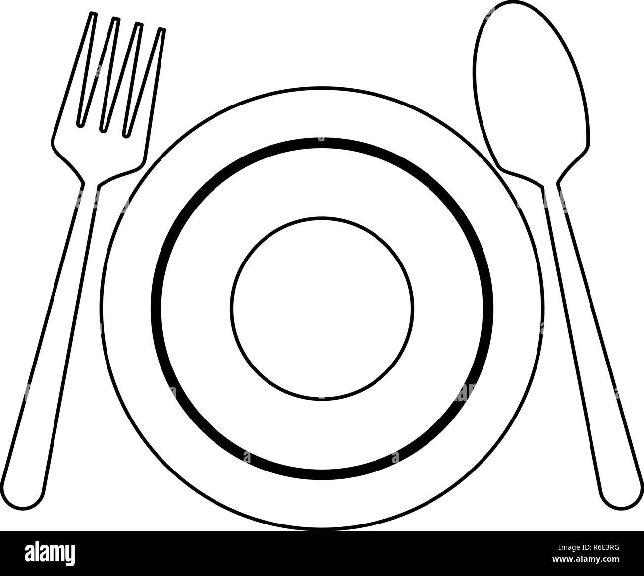 Plato y cubiertos con tenedor y cuchara en blanco y negro Imagen Vector de  stock - Alamy