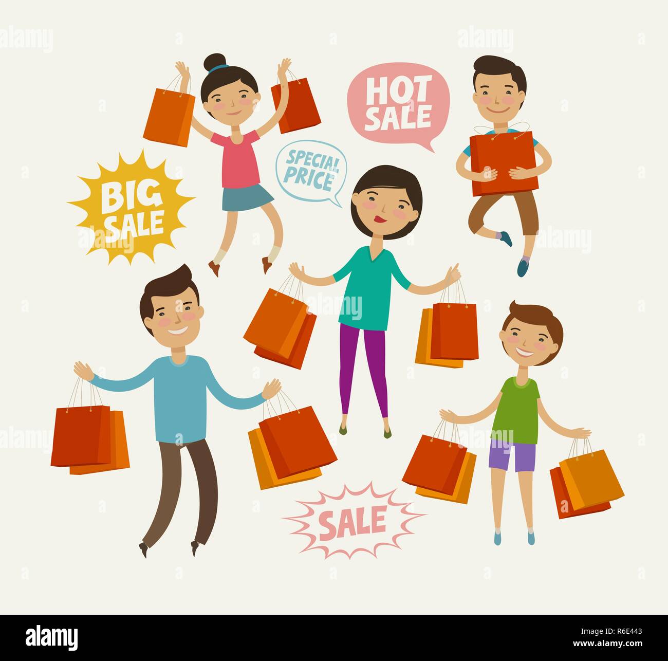 La gente en la venta. Vender, concepto de compras. Divertida caricatura ilustración vectorial Ilustración del Vector