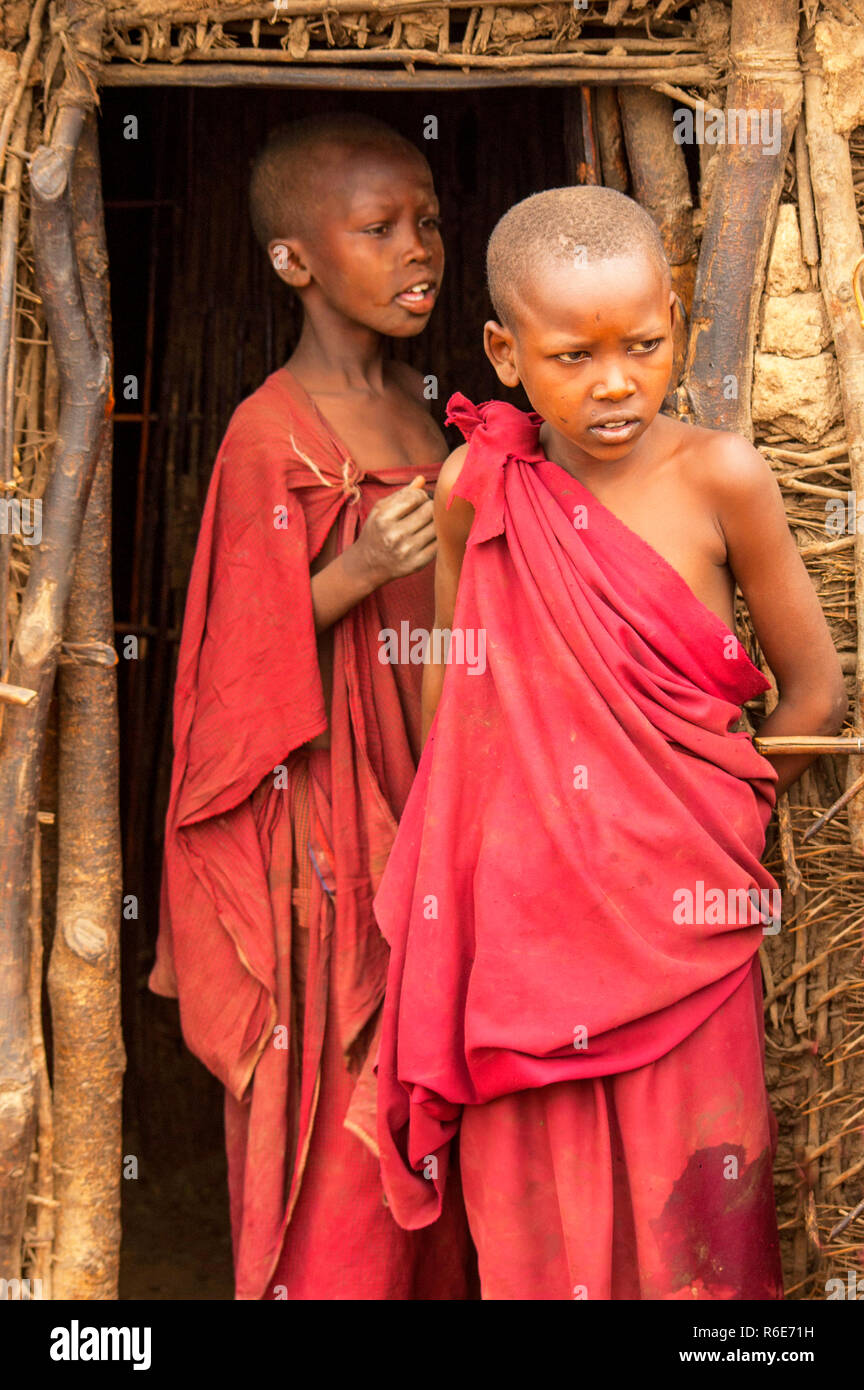 Los niños masai a la entrada de sus chozas en un tradicional pueblo Massai, Kenya Foto de stock