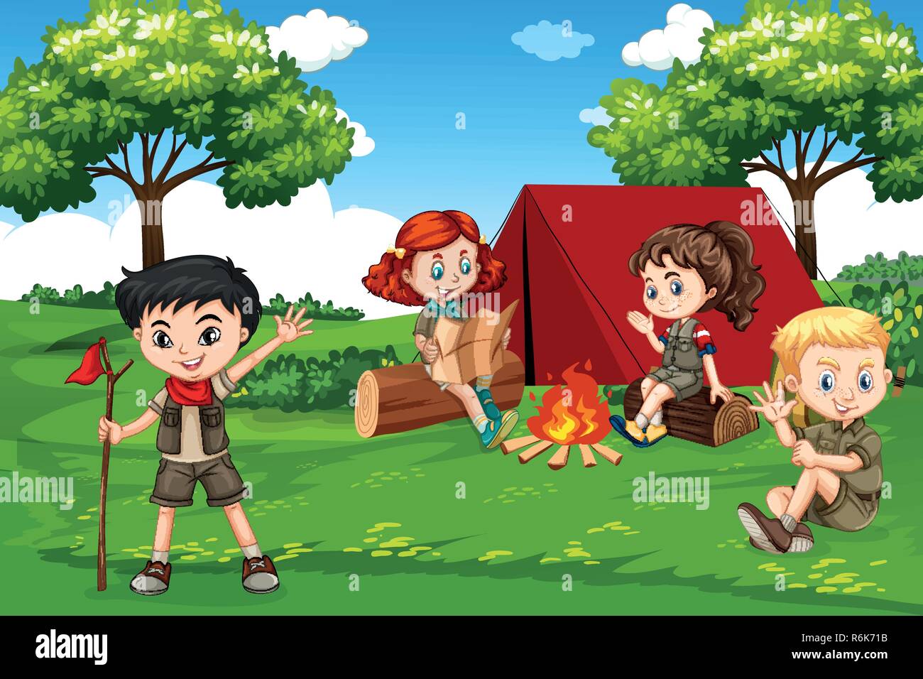 Los niños acampar en la naturaleza ilustración Imagen Vector de stock -  Alamy
