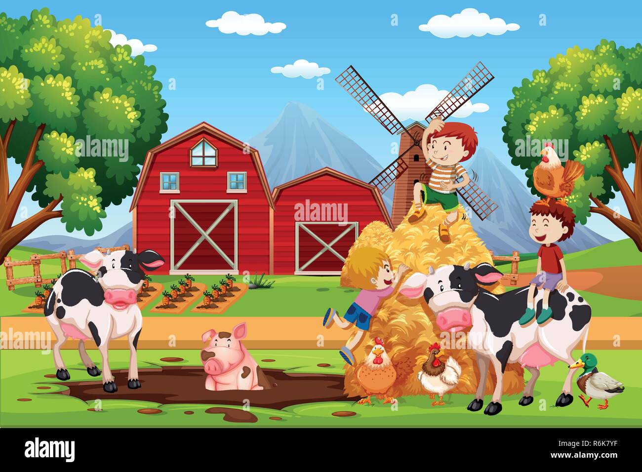 Los niños y los animales en granjas ilustración Imagen Vector de stock -  Alamy